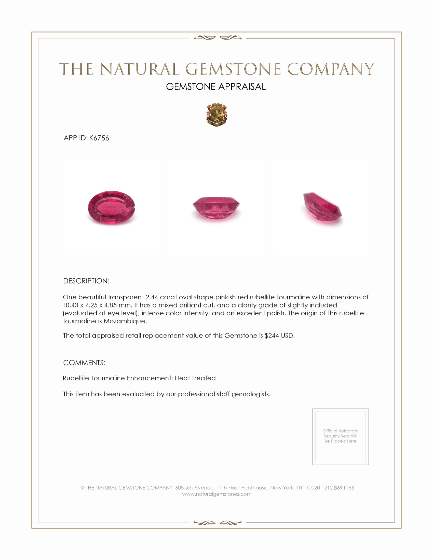 2.44 Ct. Rubellite Tourmaline from Mozambique