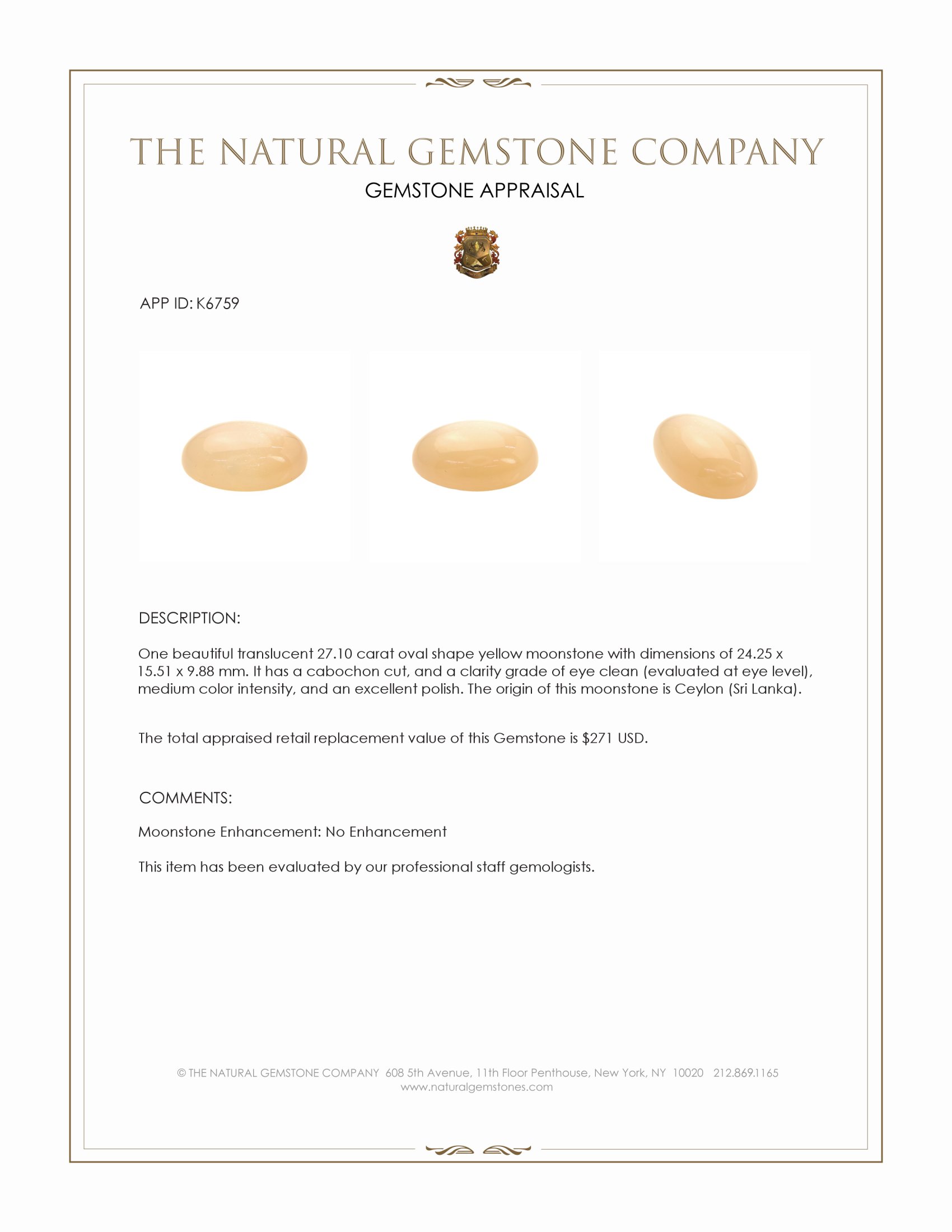 27.10 Ct. Yellow Cabochon Moonstone from Ceylon (Sri Lanka)