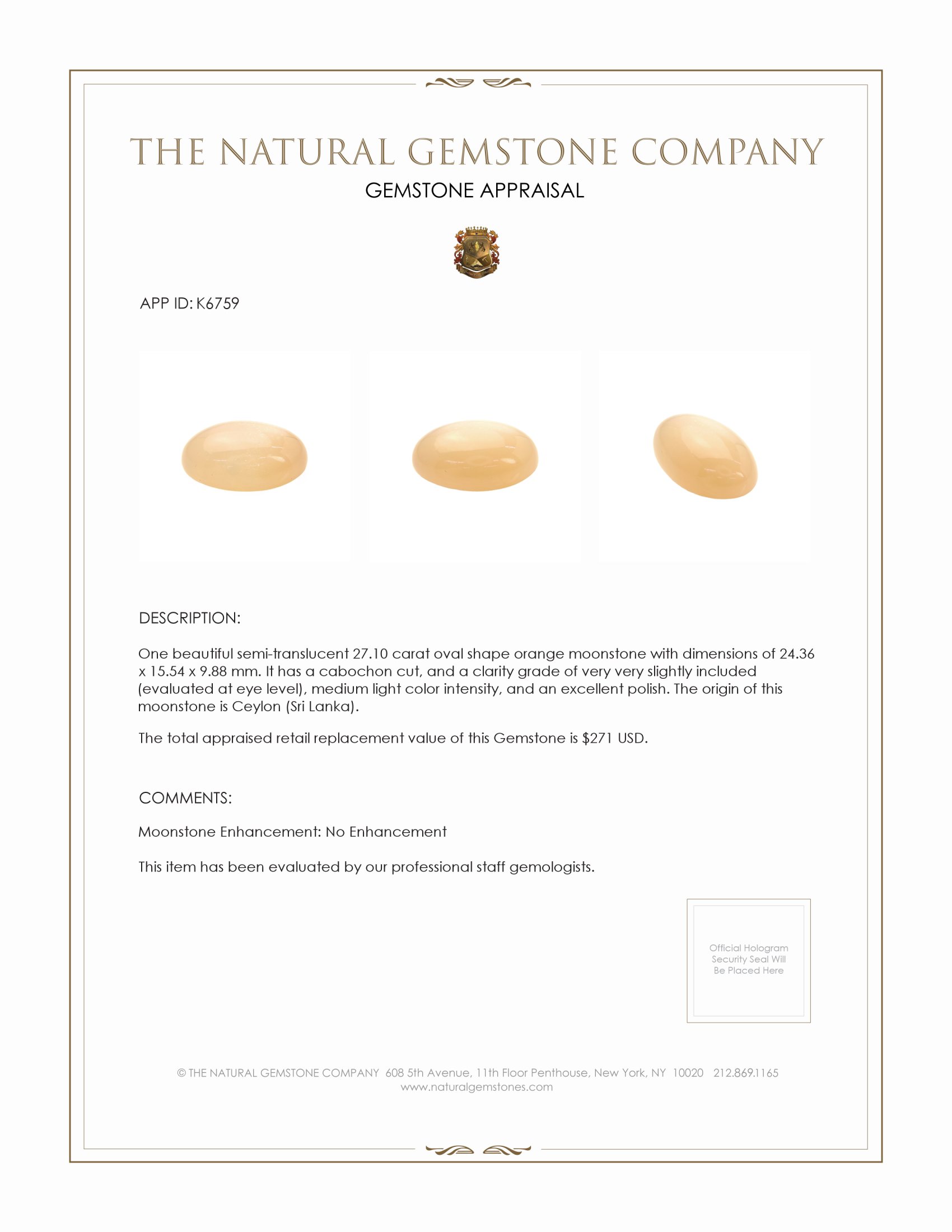 27.10 Ct. Cabochon Moonstone from Ceylon (Sri Lanka)