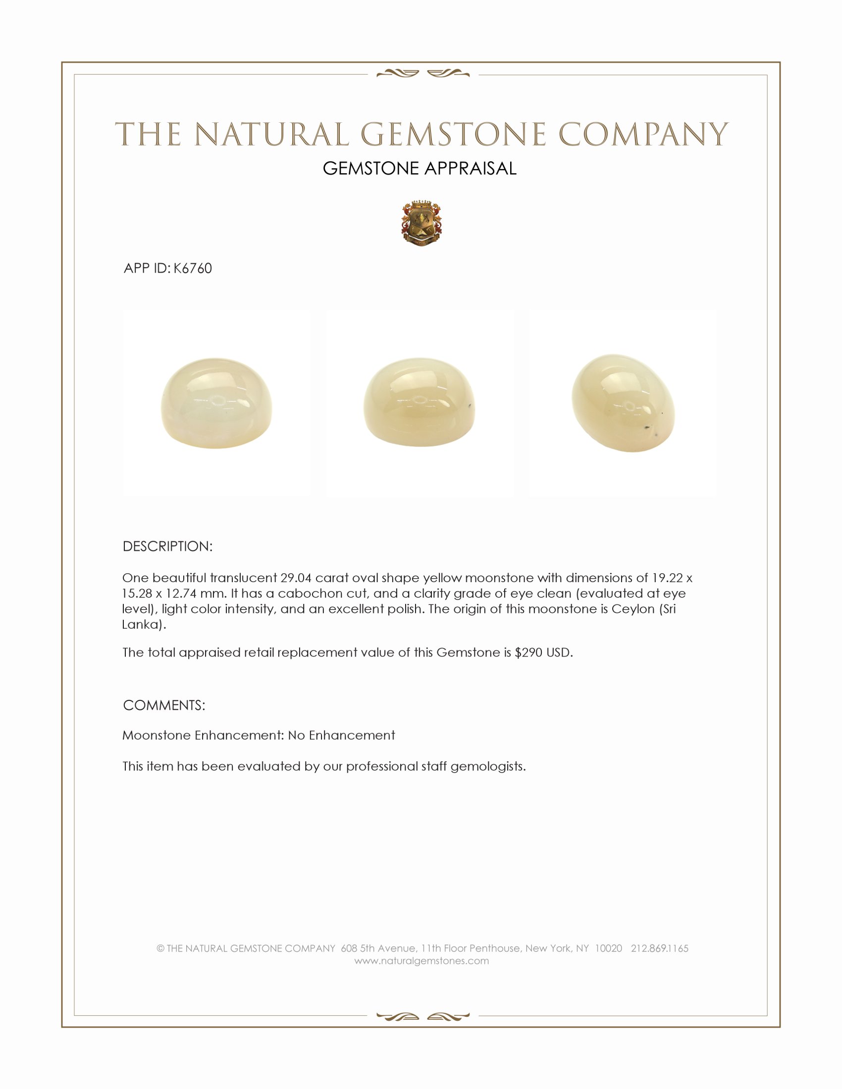 29.04 Ct. Yellow Cabochon Moonstone from Ceylon (Sri Lanka)