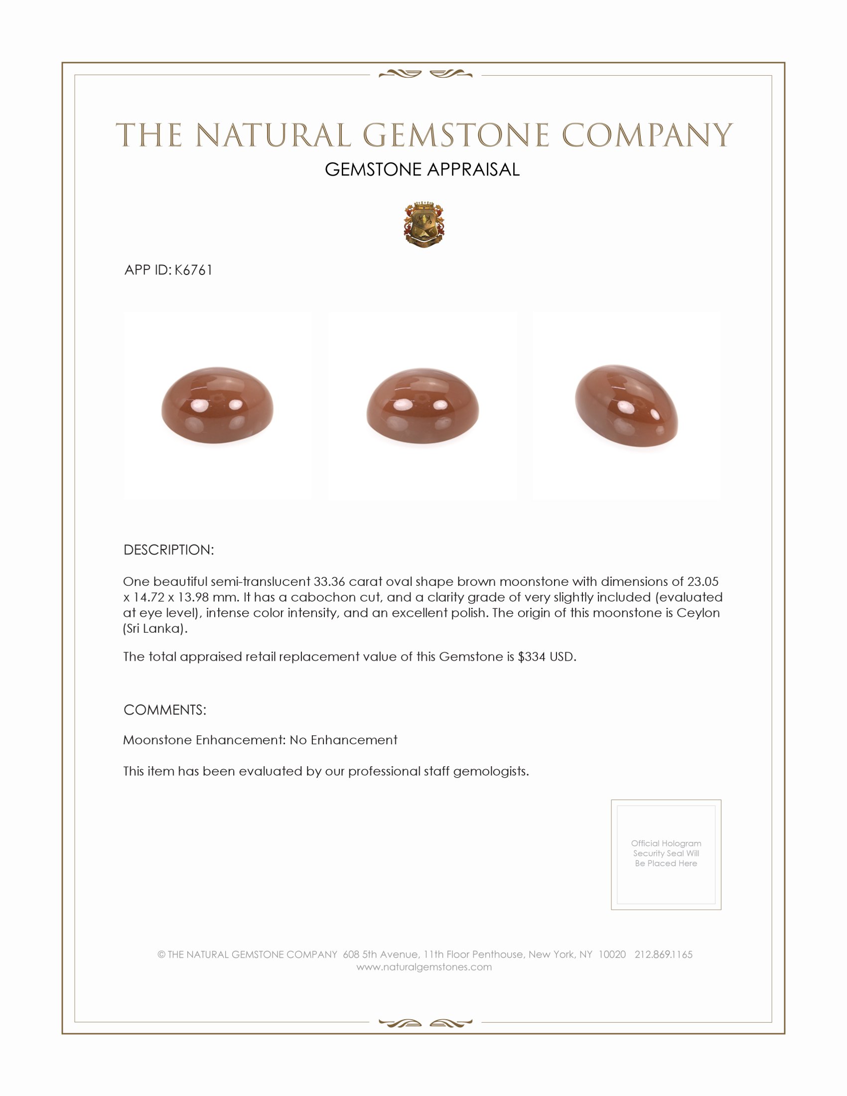 33.36 Ct. Brown Cabochon Moonstone from Ceylon (Sri Lanka)