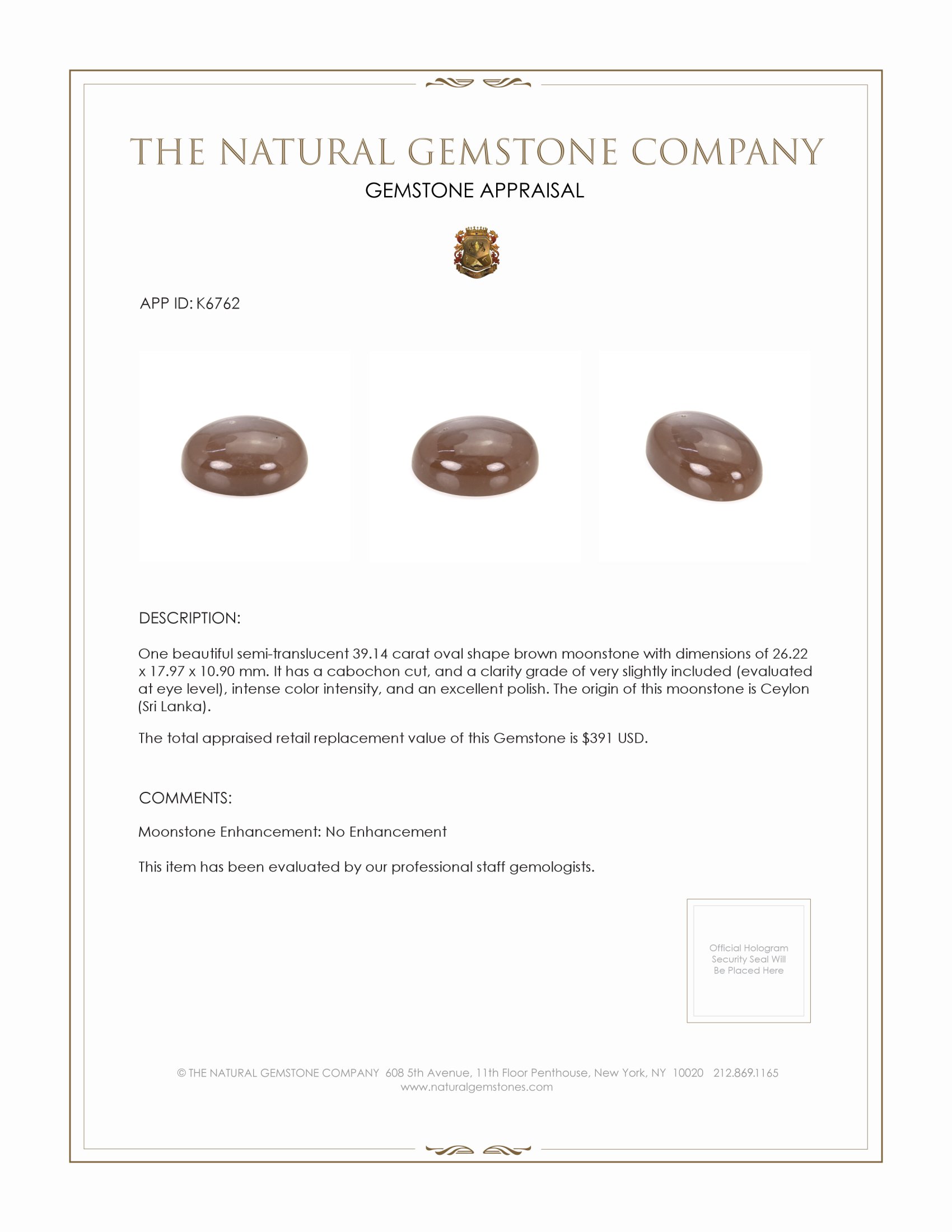 39.14 Ct. Brown Cabochon Moonstone from Ceylon (Sri Lanka)