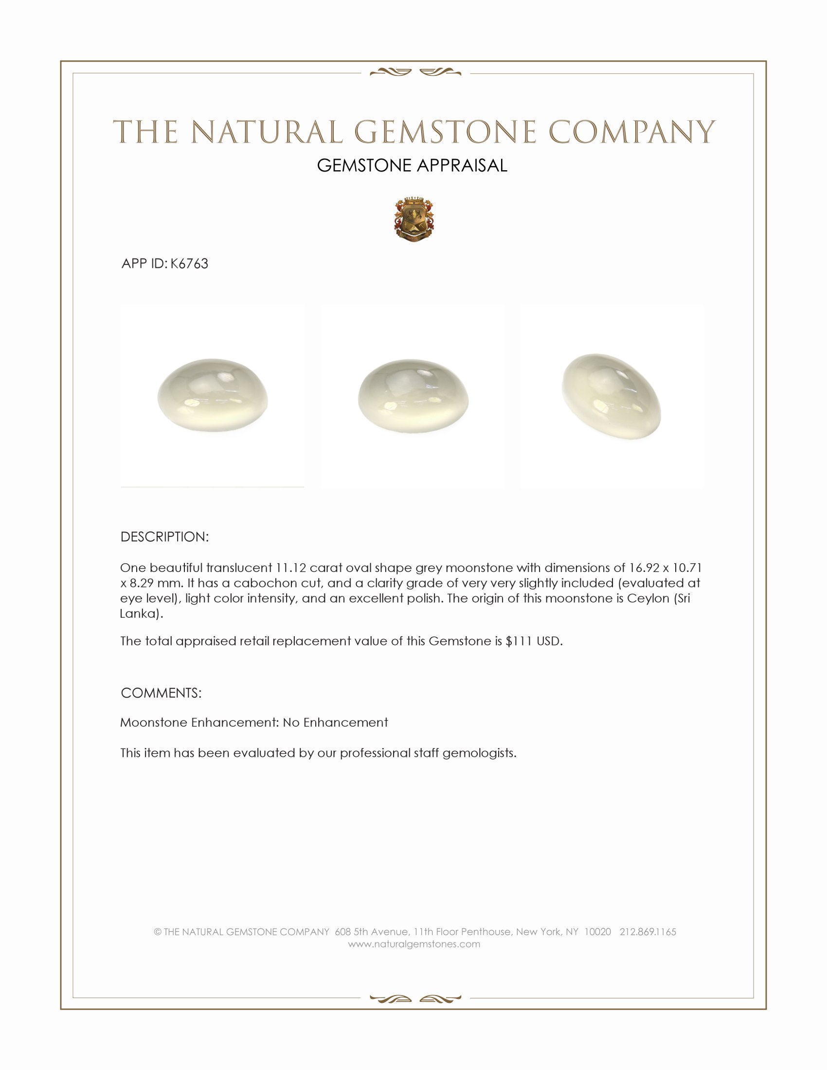 11.12 Ct. Grey Cabochon Moonstone from Ceylon (Sri Lanka)