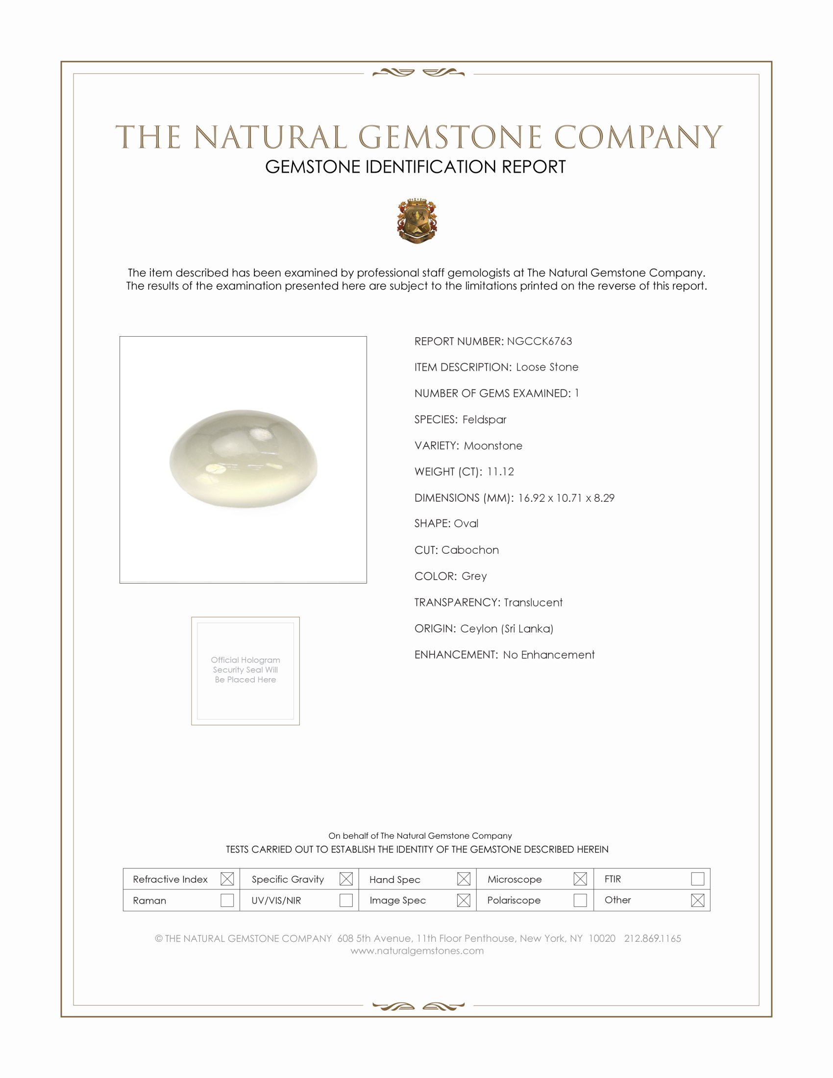 11.12 Ct. Grey Cabochon Moonstone from Ceylon (Sri Lanka)