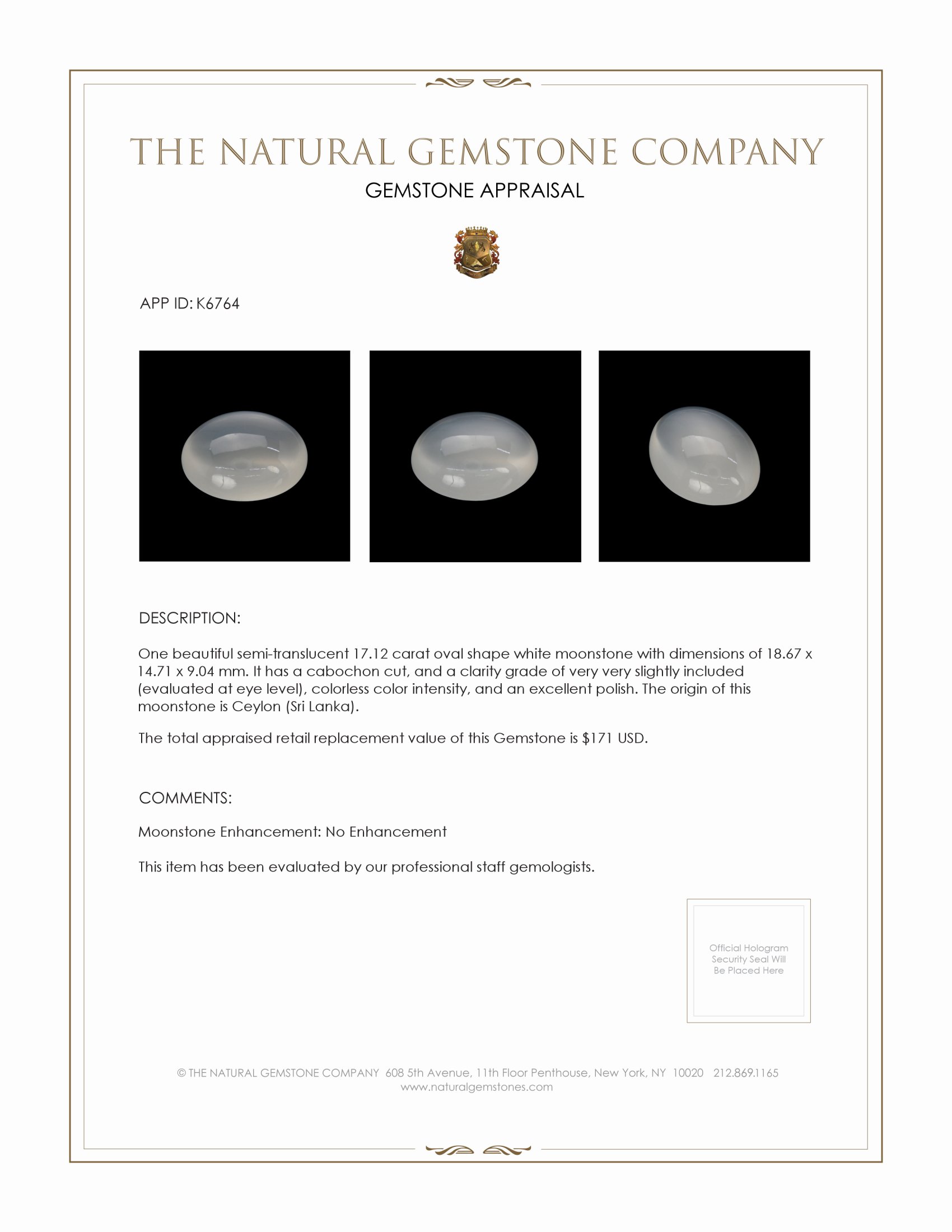 17.12 Ct. Cabochon Moonstone from Ceylon (Sri Lanka)