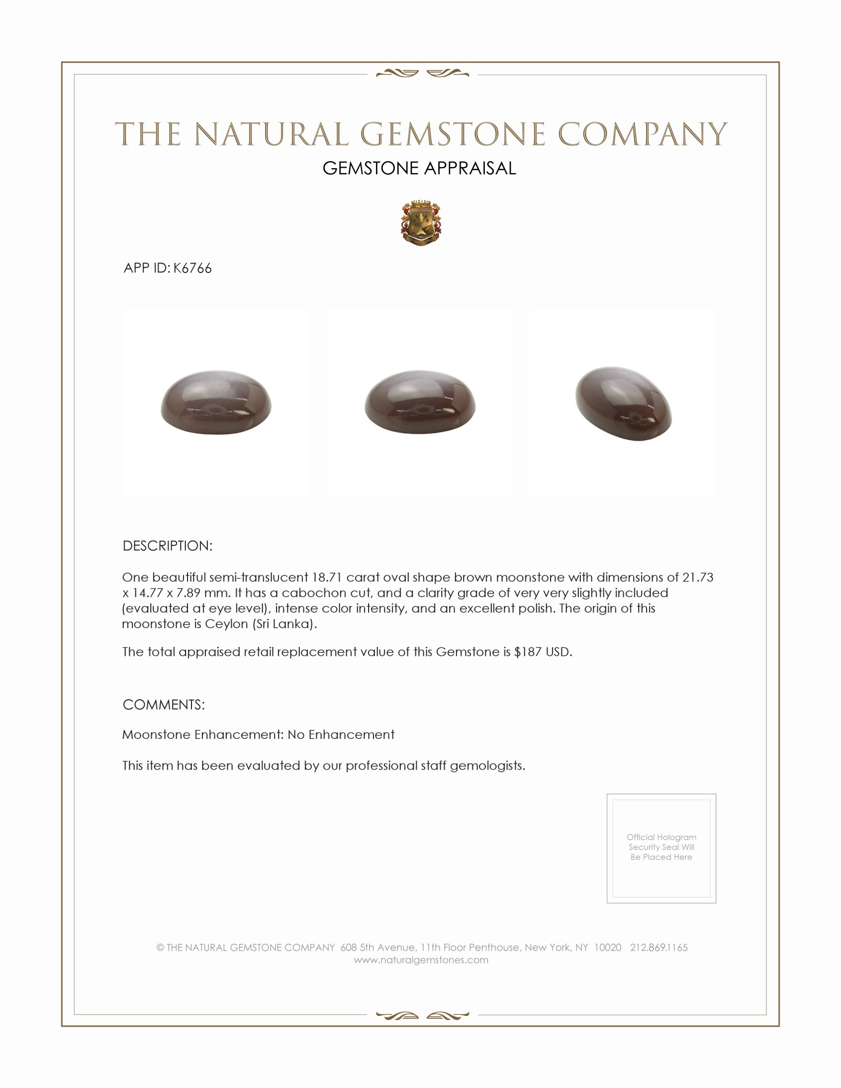 18.71 Ct. Brown Cabochon Moonstone from Ceylon (Sri Lanka)