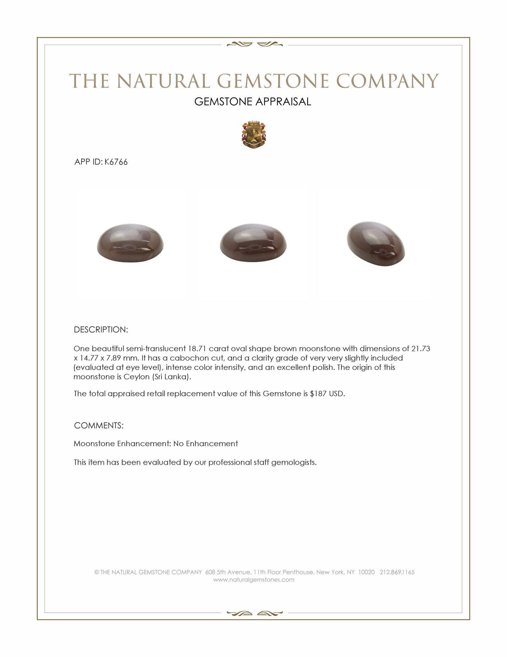 18.71 Ct. Cabochon Moonstone from Ceylon (Sri Lanka)