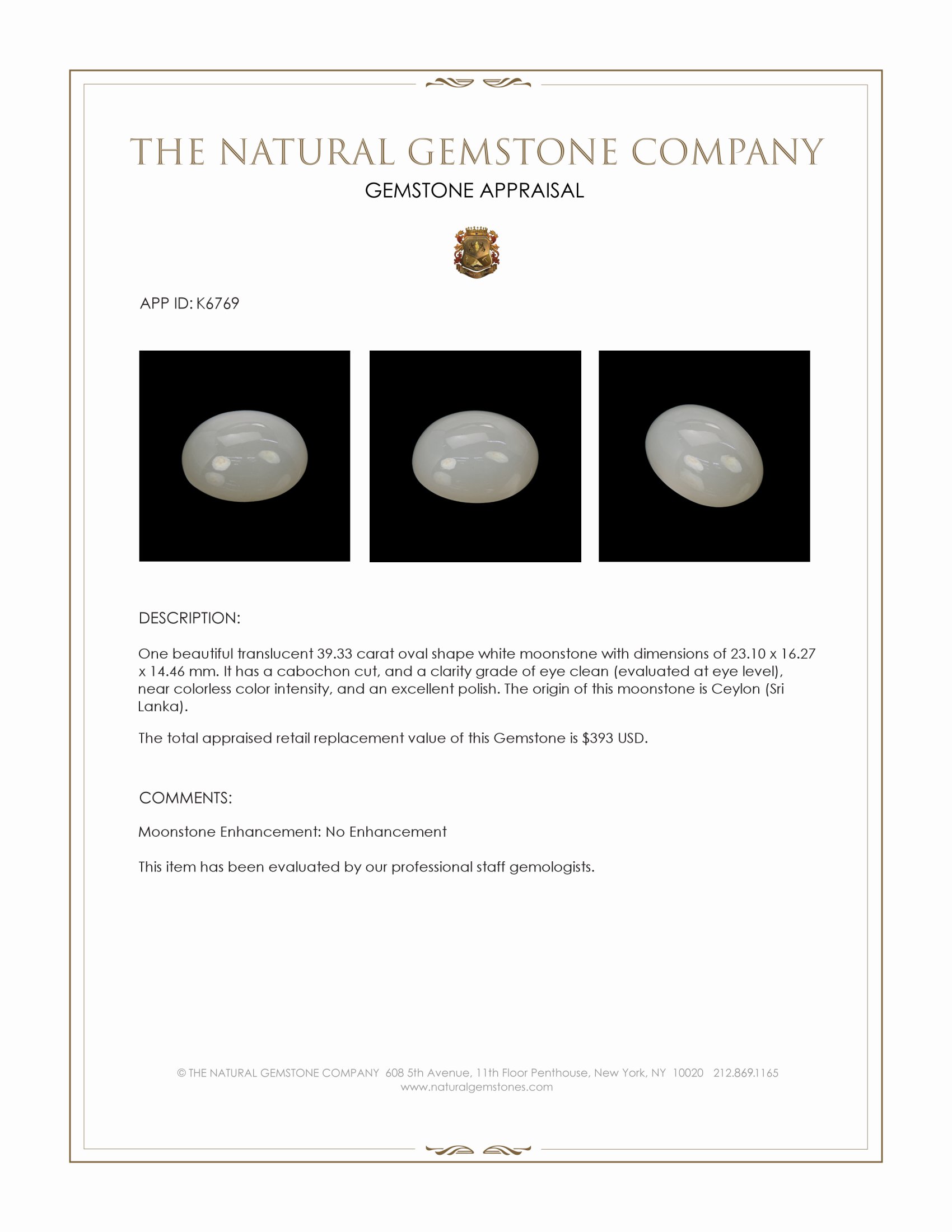 39.33 Ct. White Cabochon Moonstone from Ceylon (Sri Lanka)