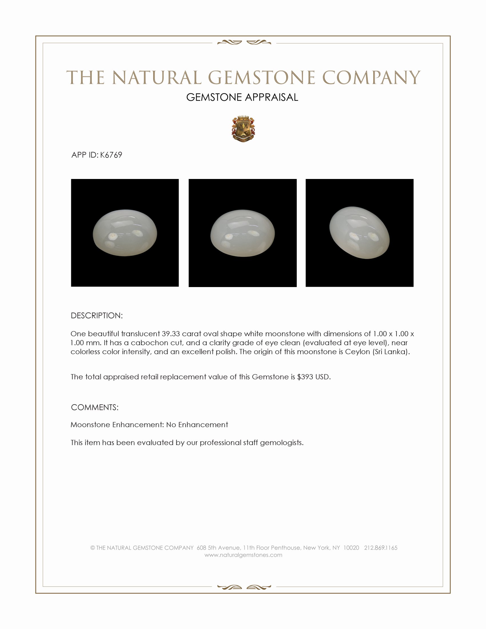 39.33 Ct. Cabochon Moonstone from Ceylon (Sri Lanka)