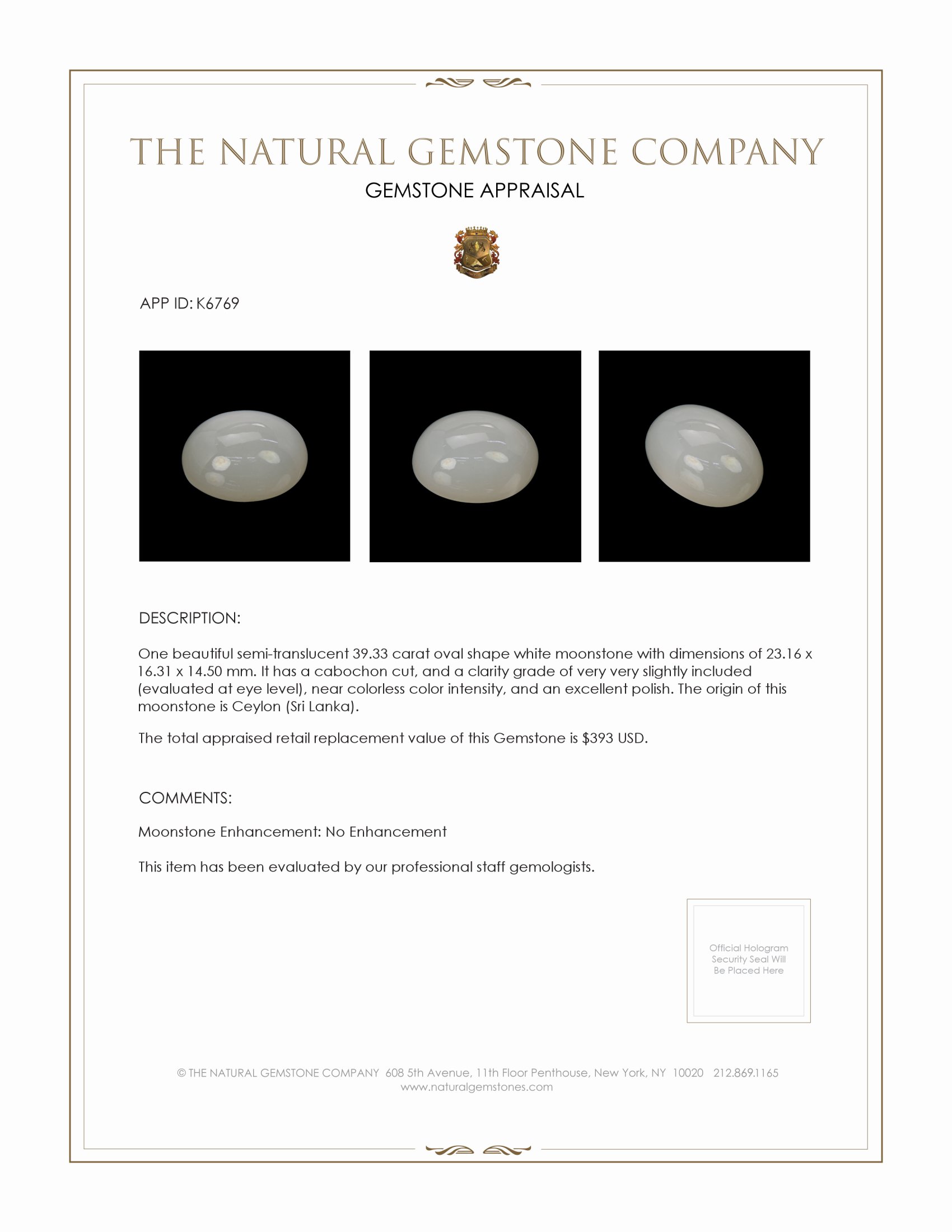 39.33 Ct. Cabochon Moonstone from Ceylon (Sri Lanka)