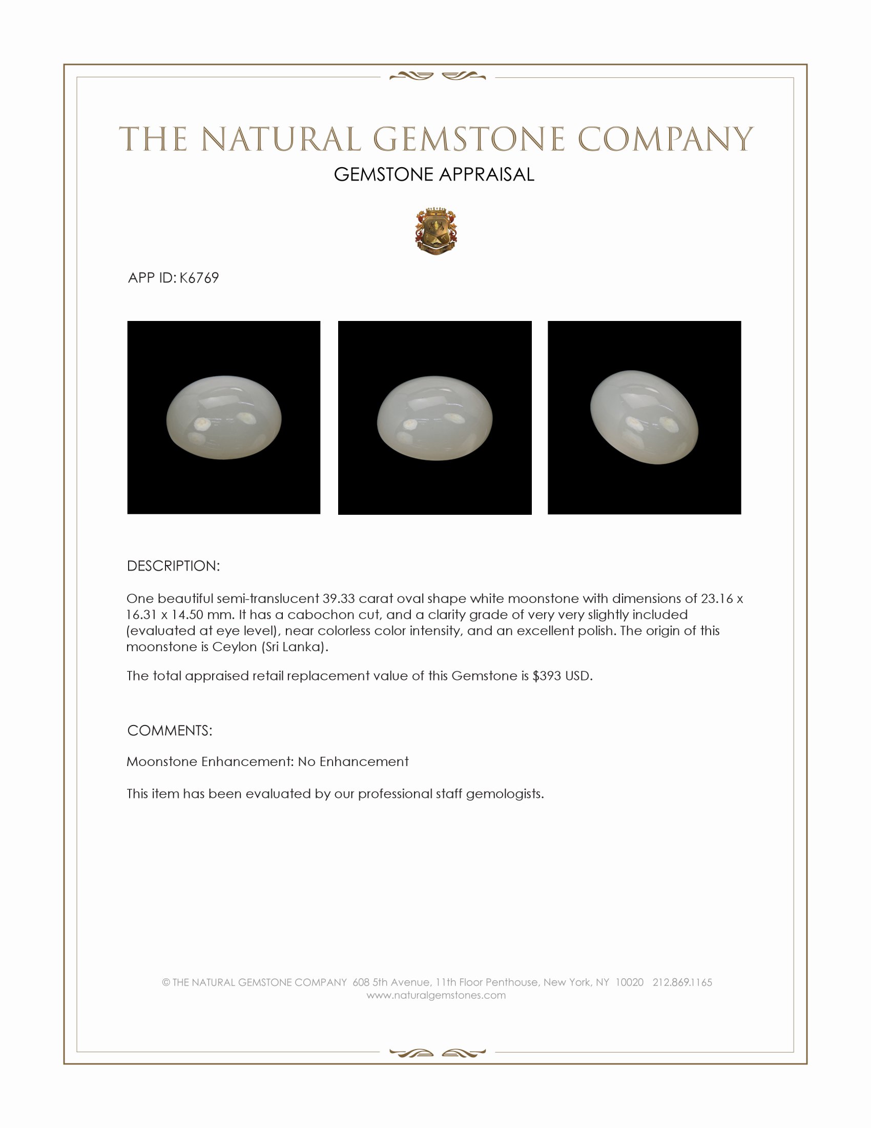 39.33 Ct. Cabochon Moonstone from Ceylon (Sri Lanka)