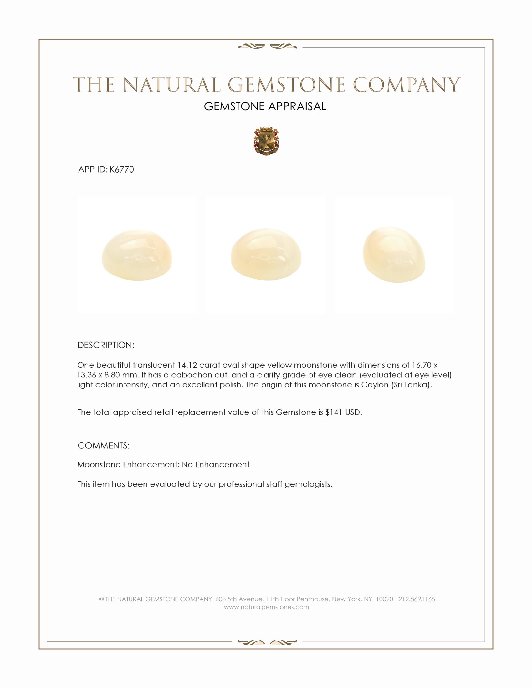 14.12 Ct. Yellow Cabochon Moonstone from Ceylon (Sri Lanka)