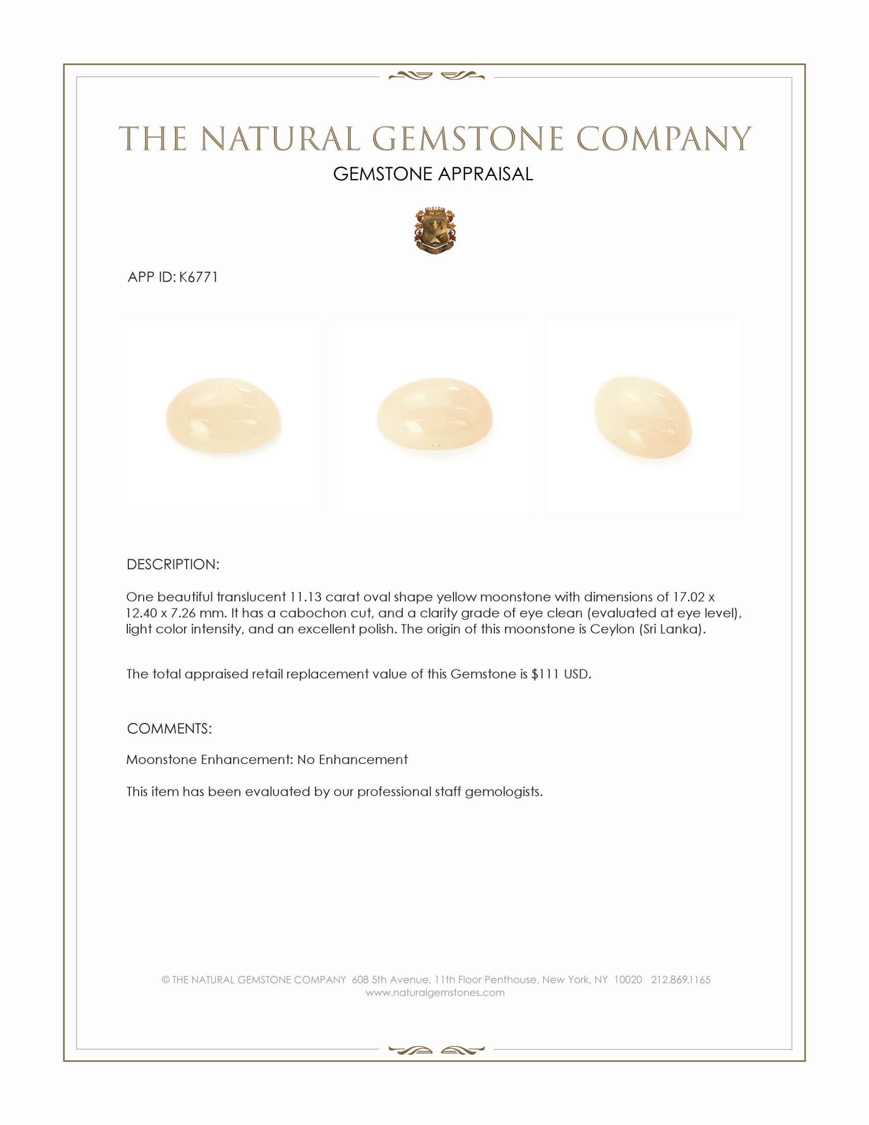 11.13 Ct. Cabochon Moonstone from Ceylon (Sri Lanka)