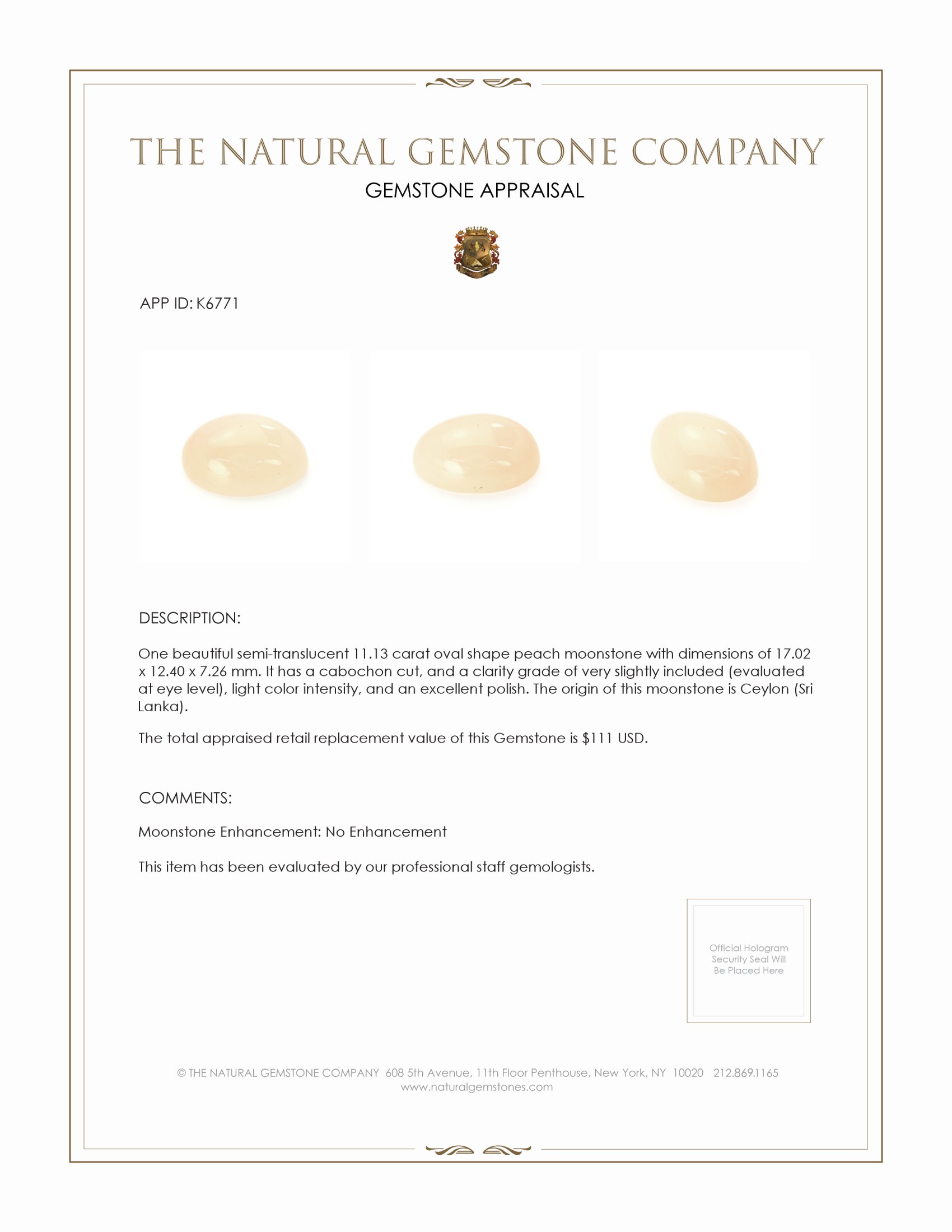 11.13 Ct. Cabochon Moonstone from Ceylon (Sri Lanka)