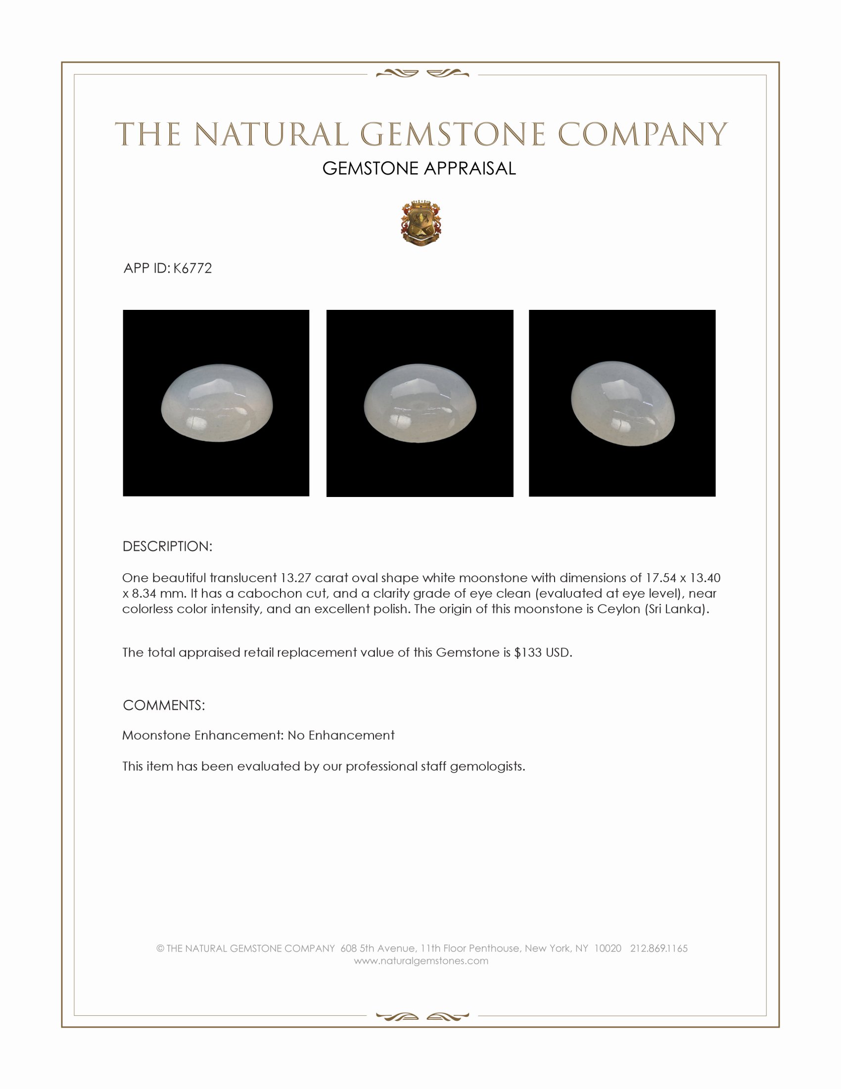 13.27 Ct. White Cabochon Moonstone from Ceylon (Sri Lanka)