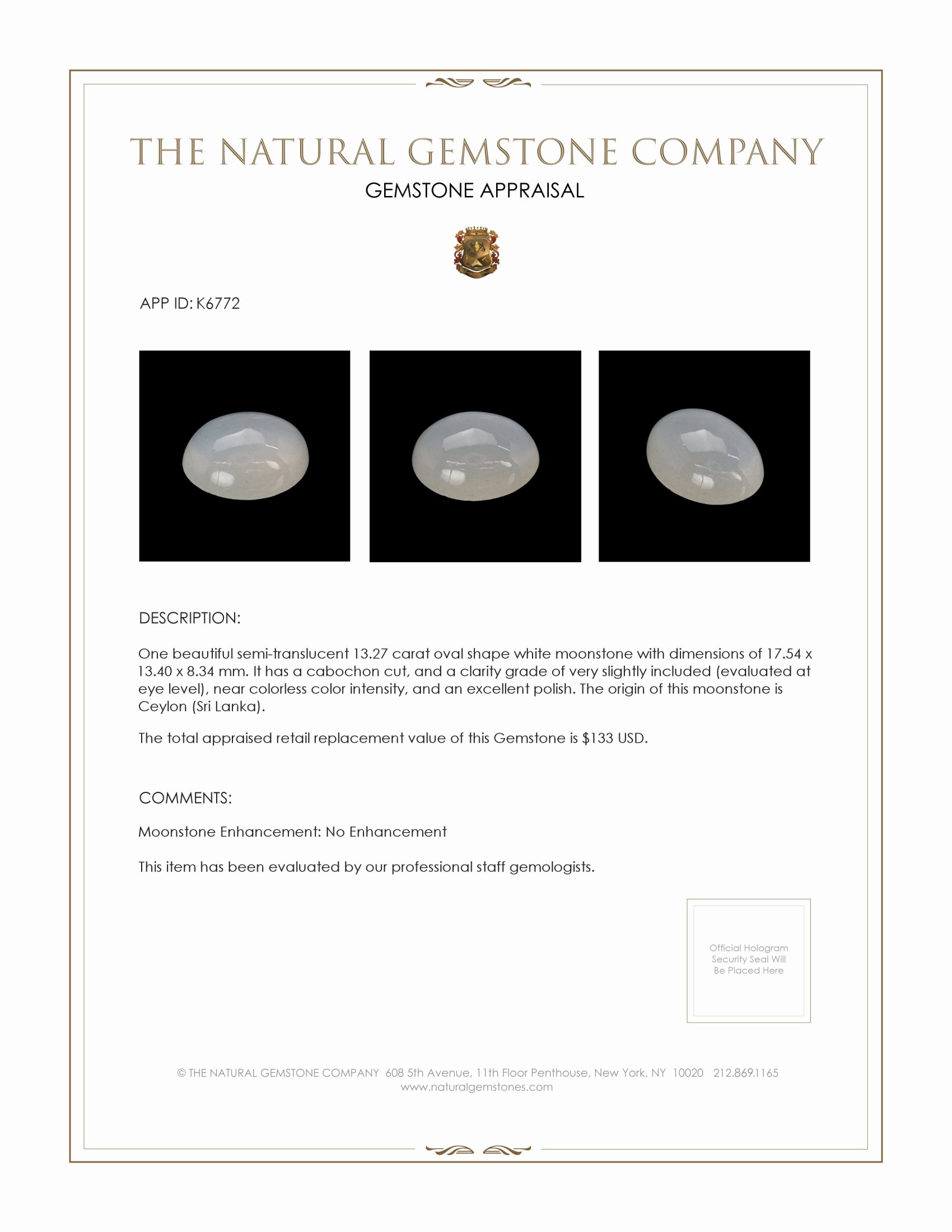 13.27 Ct. Cabochon Moonstone from Ceylon (Sri Lanka)