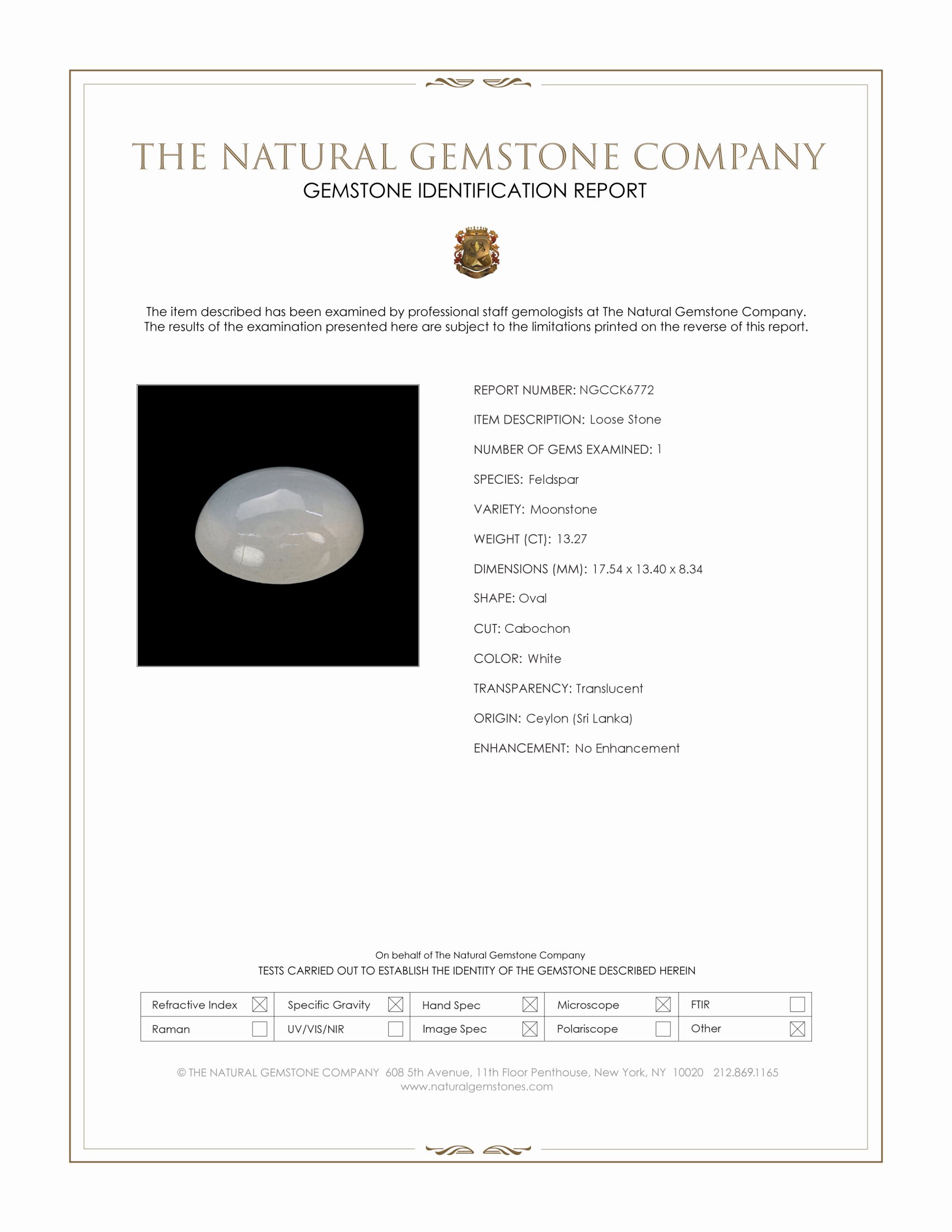 13.27 Ct. White Cabochon Moonstone from Ceylon (Sri Lanka)