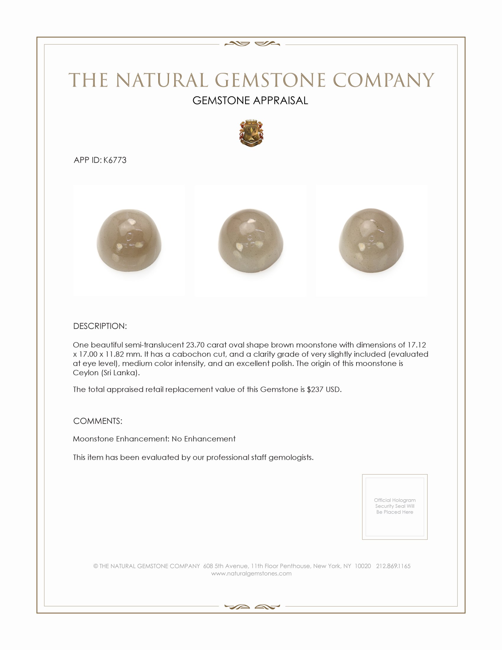 23.70 Ct. Brown Cabochon Moonstone from Ceylon (Sri Lanka)