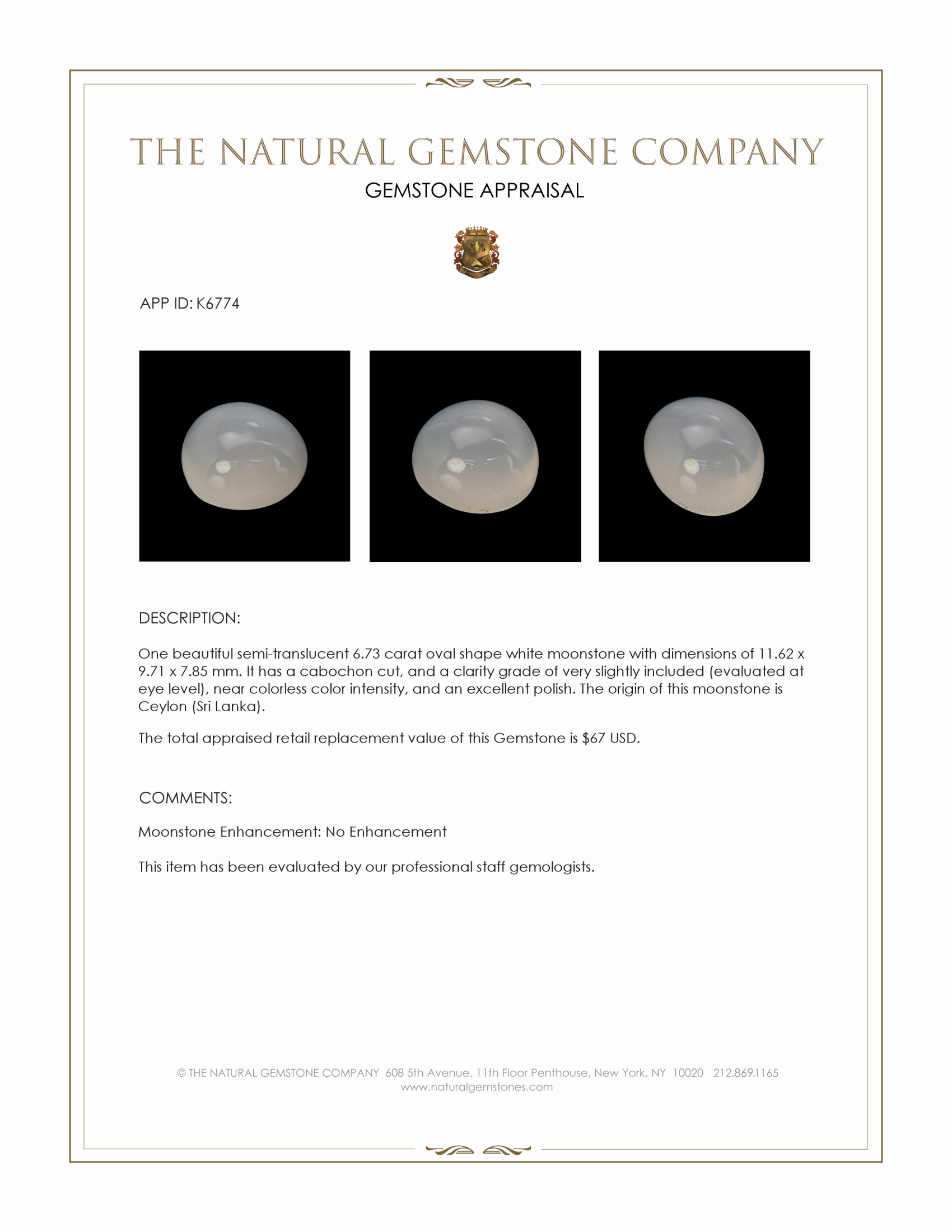 6.73 Ct. Cabochon Moonstone from Ceylon (Sri Lanka)