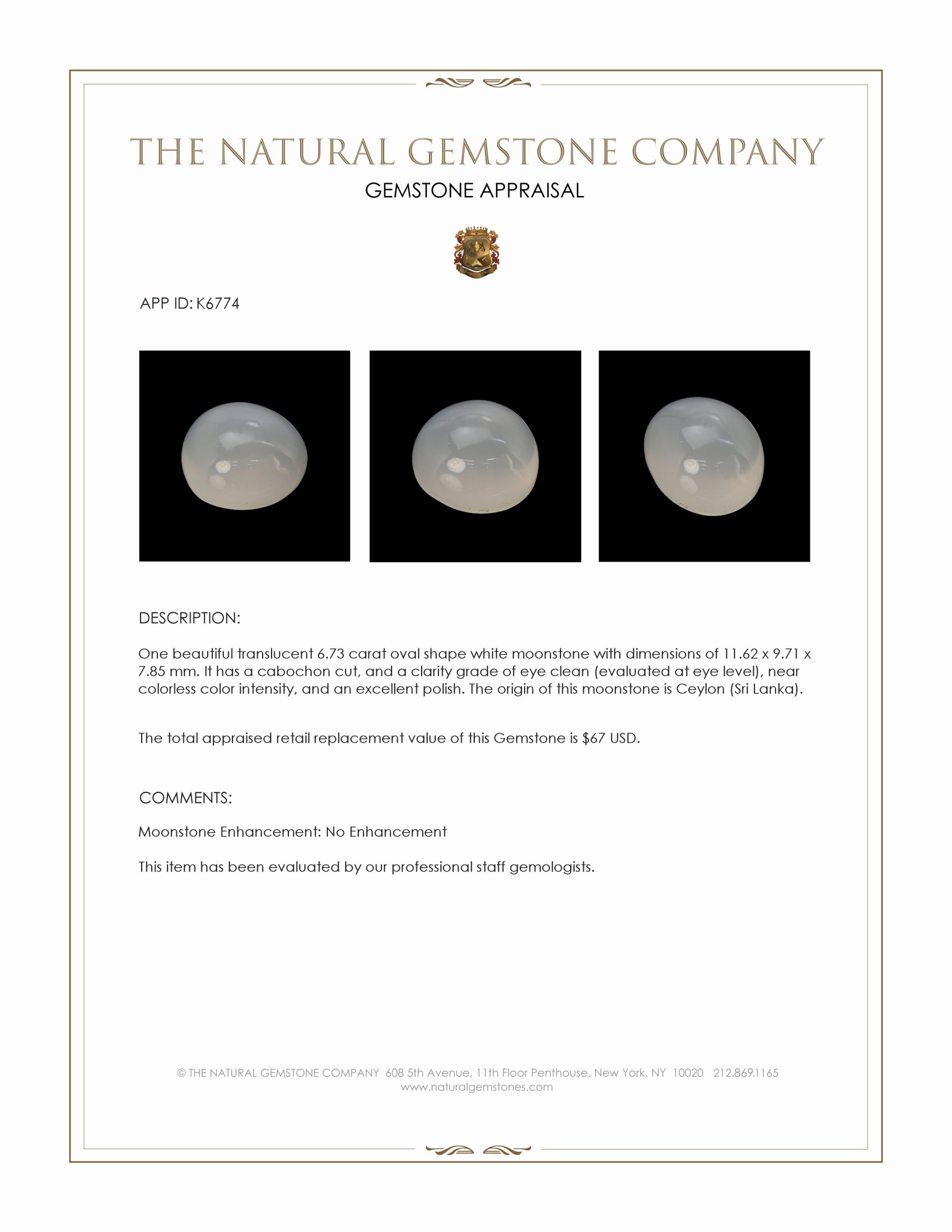 6.73 Ct. Cabochon Moonstone from Ceylon (Sri Lanka)