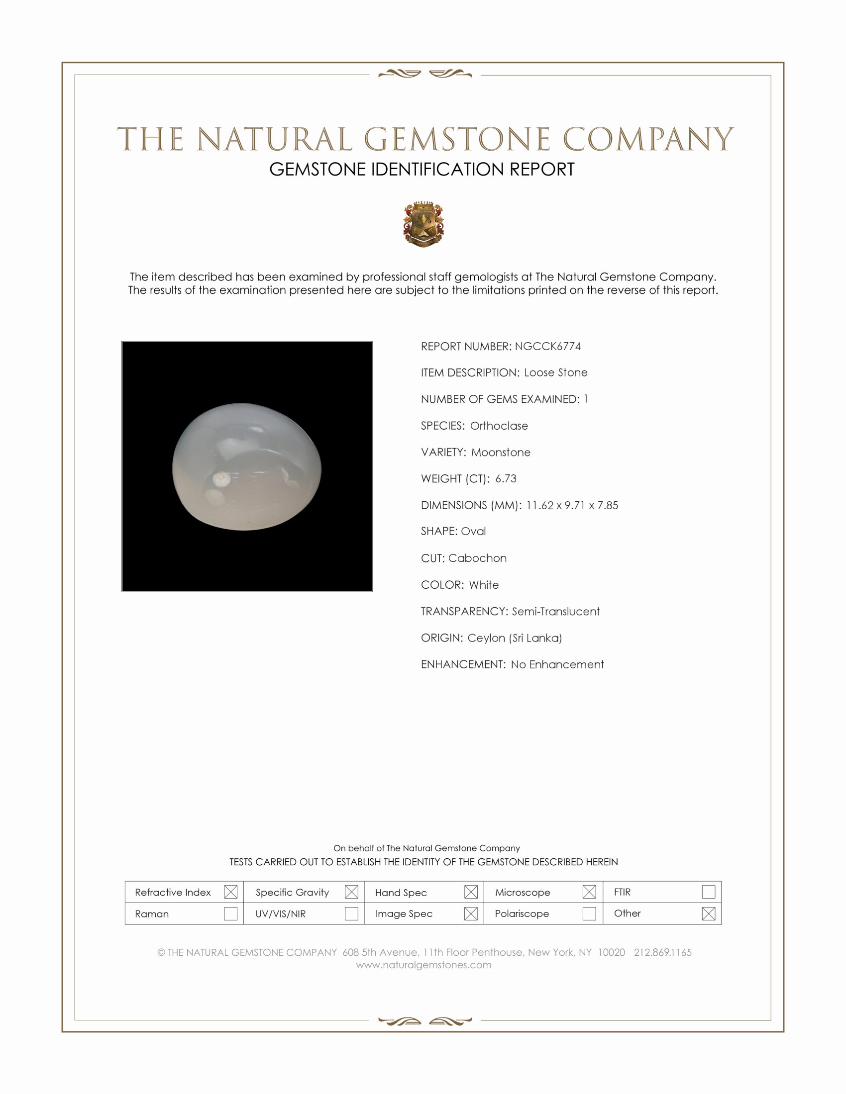 6.73 Ct. White Cabochon Moonstone from Ceylon (Sri Lanka)