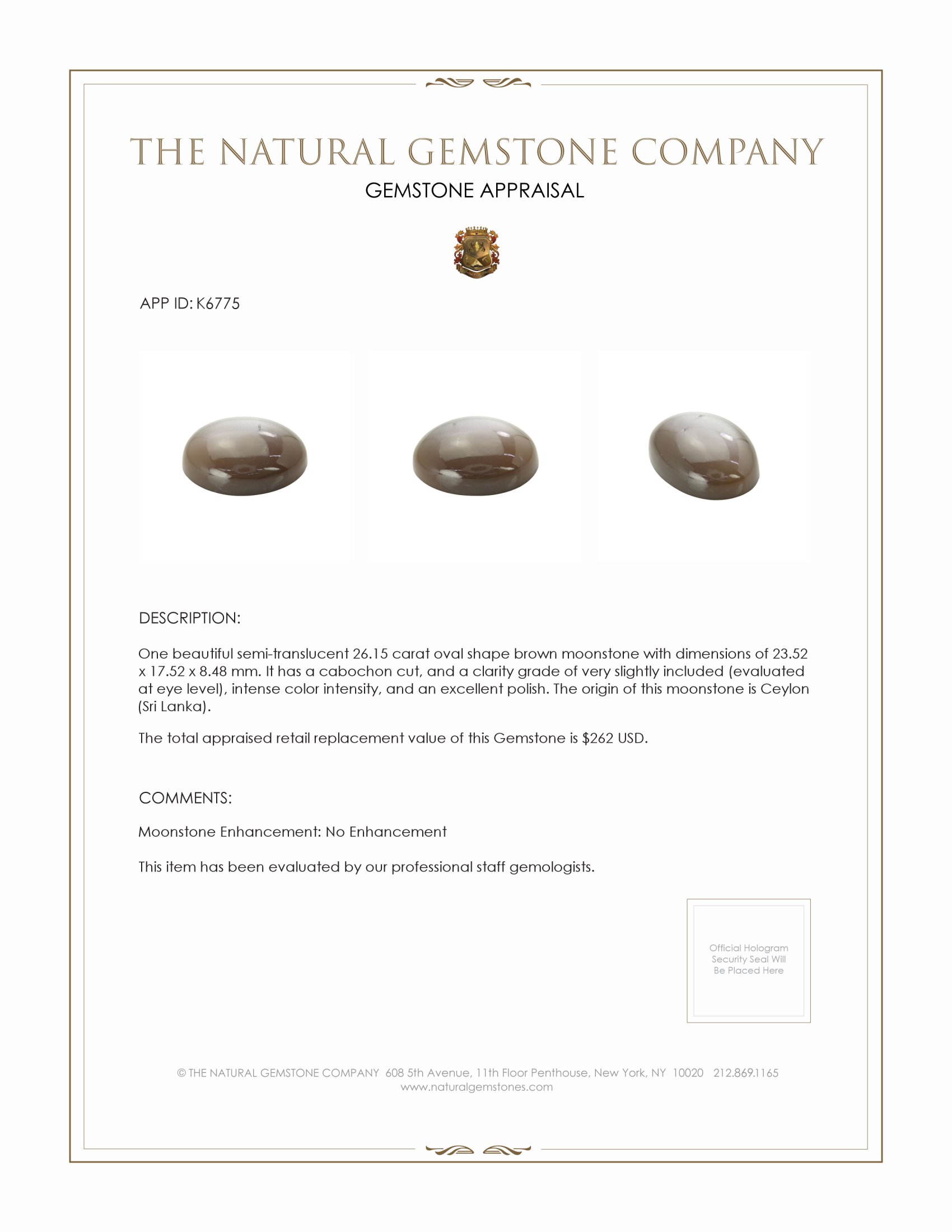 26.15 Ct. Brown Cabochon Moonstone from Ceylon (Sri Lanka)