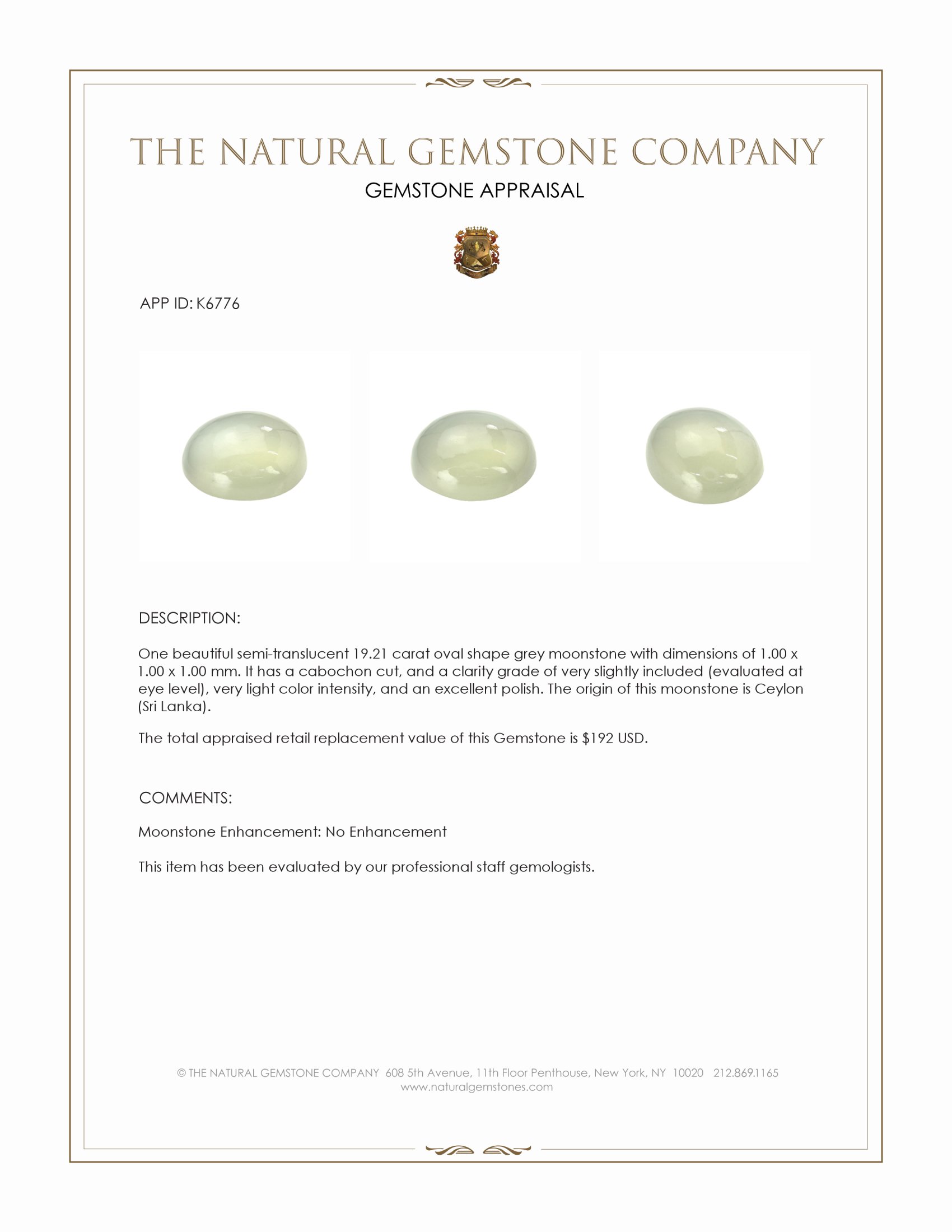 19.21 Ct. Cabochon Moonstone from Ceylon (Sri Lanka)