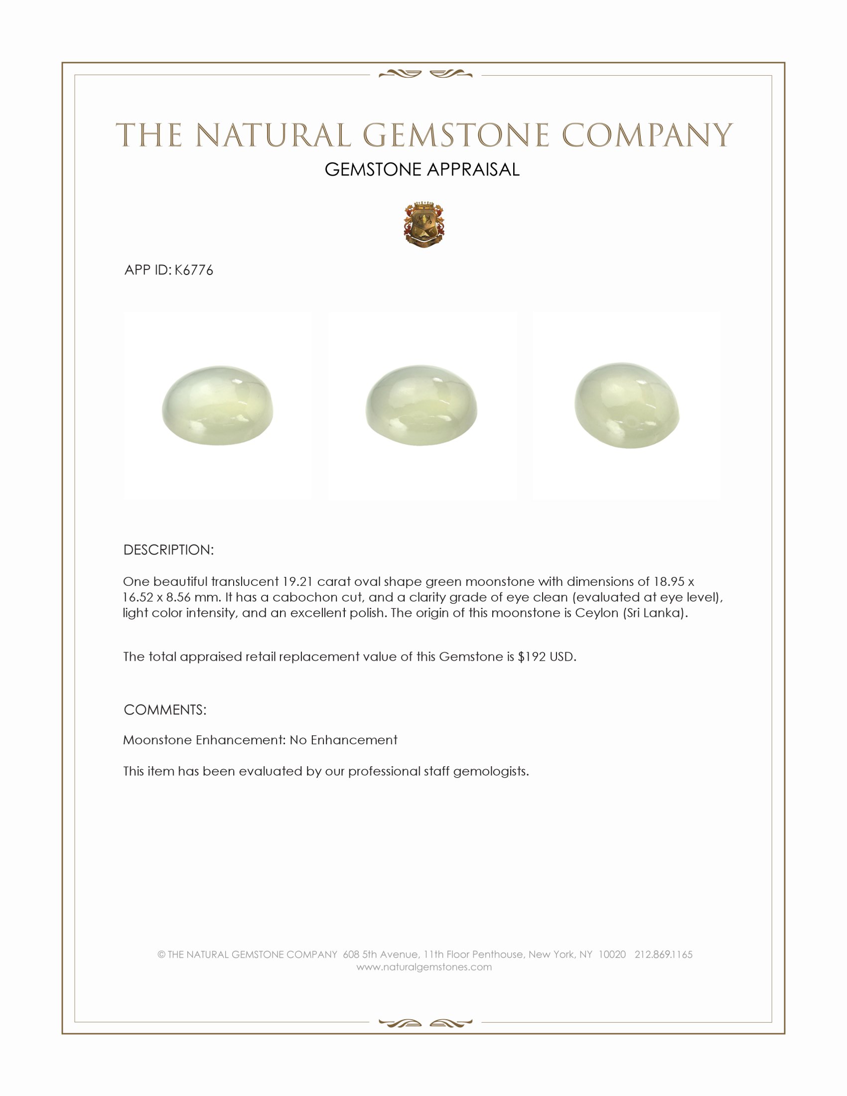 19.21 Ct. Green Cabochon Moonstone from Ceylon (Sri Lanka)