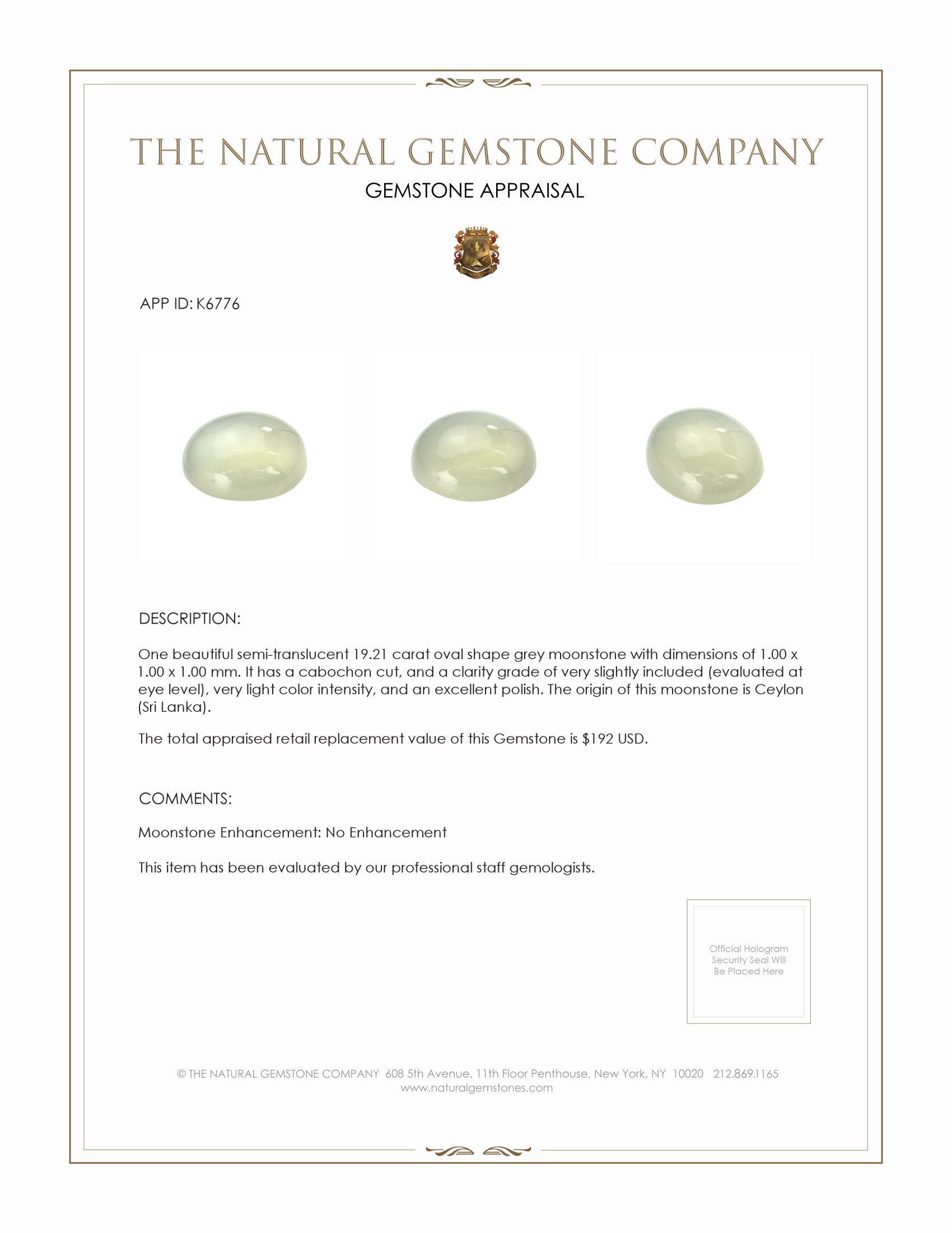 19.21 Ct. Cabochon Moonstone from Ceylon (Sri Lanka)