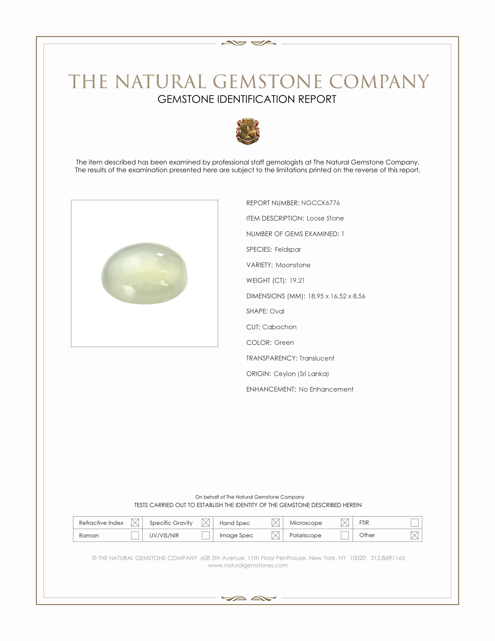 19.21 Ct. Green Cabochon Moonstone from Ceylon (Sri Lanka)
