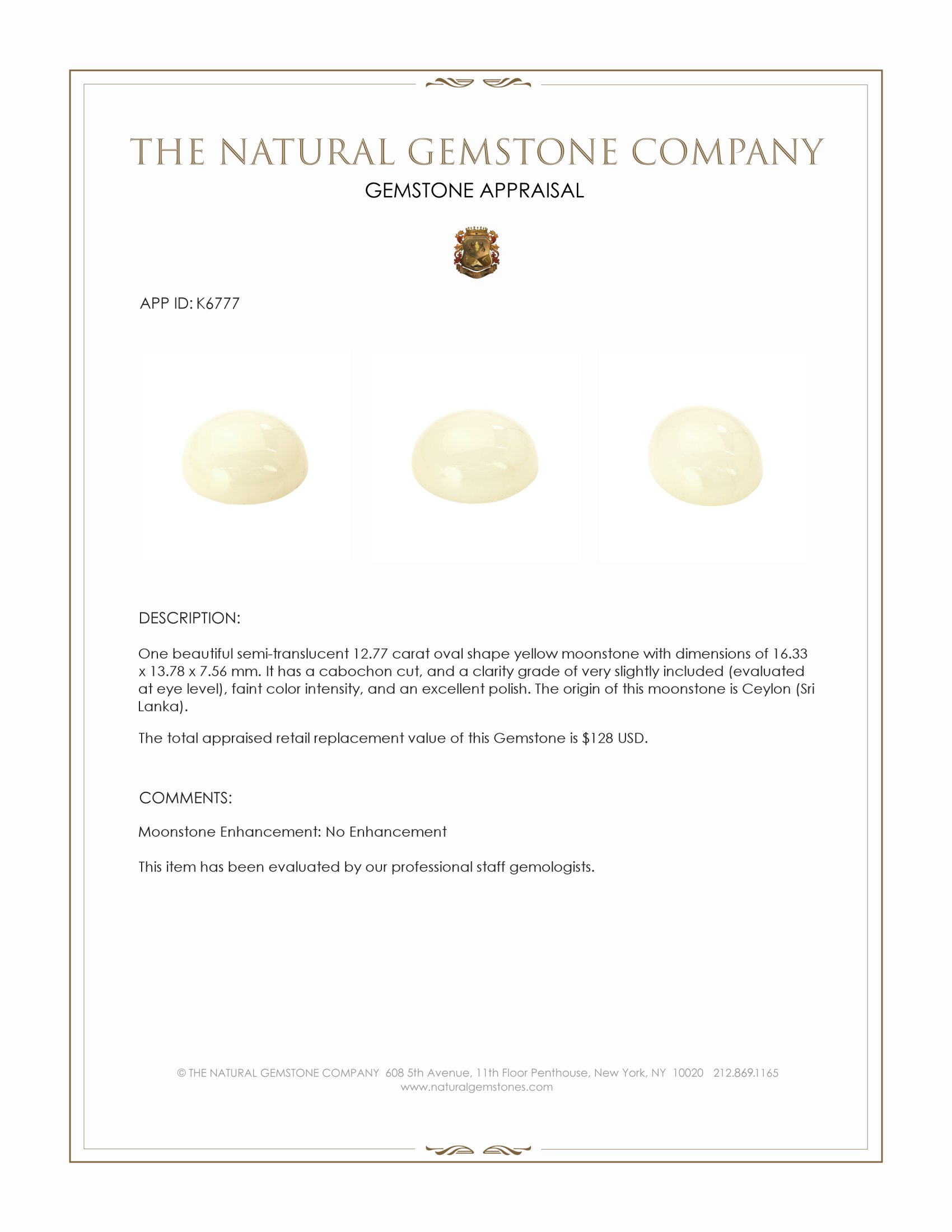 12.77 Ct. Yellow Cabochon Moonstone from Ceylon (Sri Lanka)