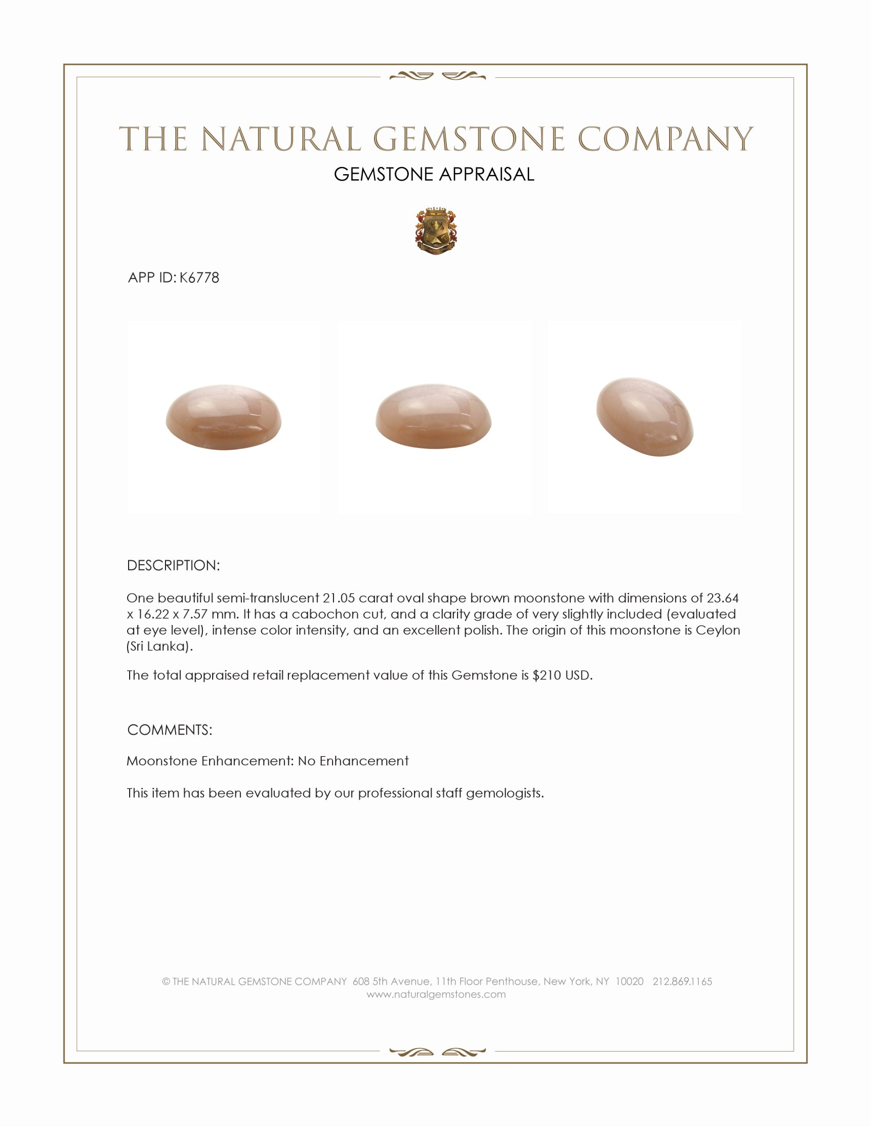 21.05 Ct. Cabochon Moonstone from Ceylon (Sri Lanka)