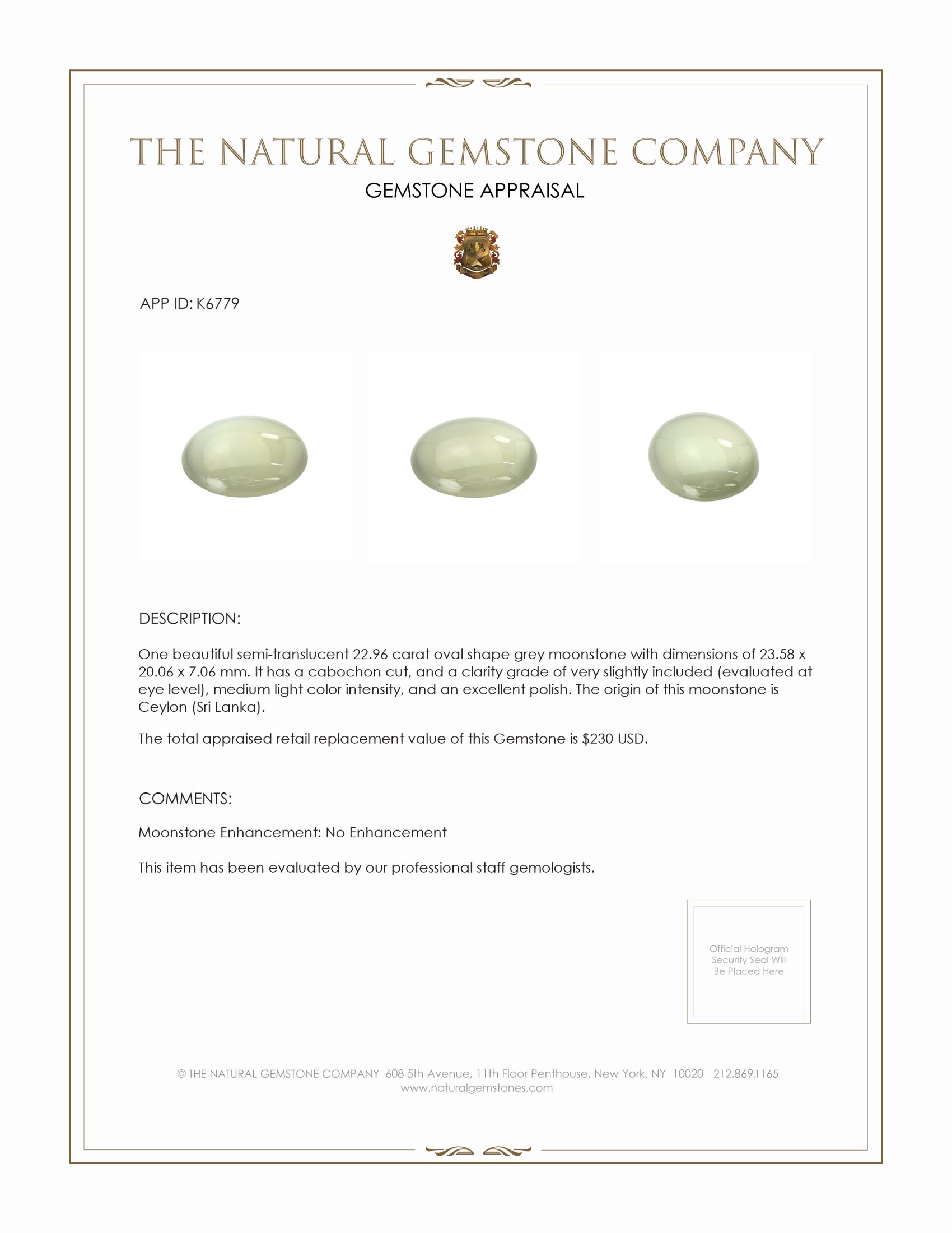 22.96 Ct. Grey Cabochon Moonstone from Ceylon (Sri Lanka)