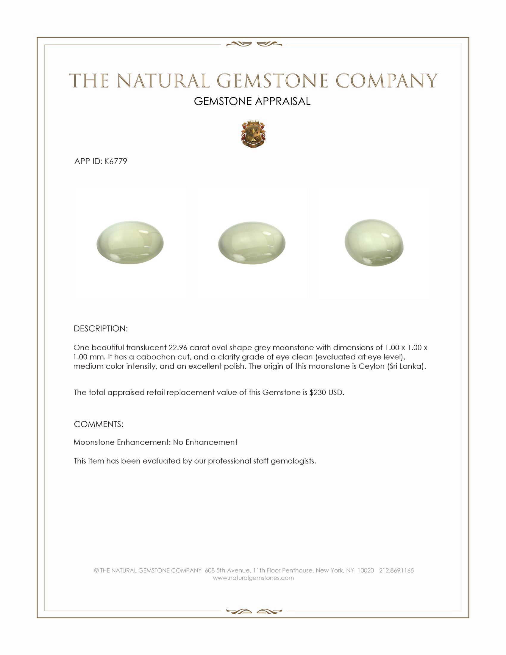 22.96 Ct. Cabochon Moonstone from Ceylon (Sri Lanka)