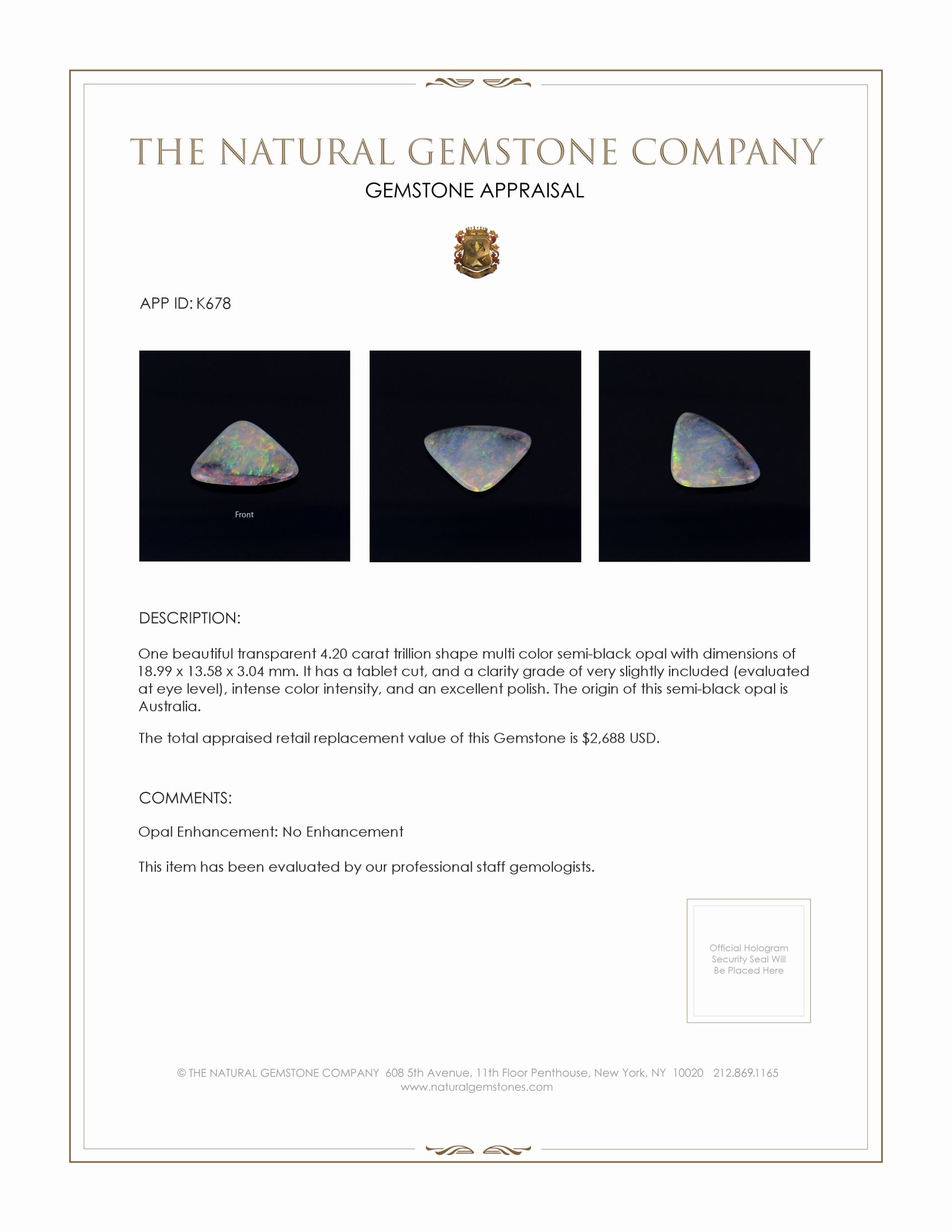 4.20 Ct. Semi-Black Opal from Australia