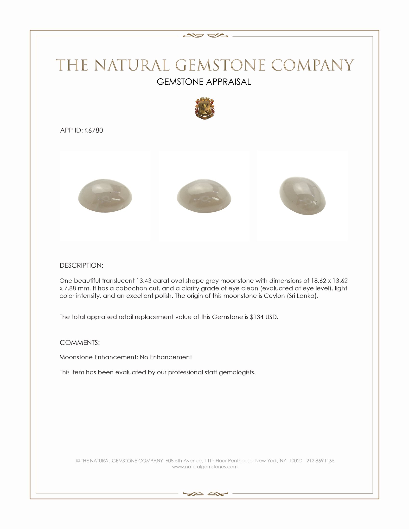 13.43 Ct. Grey Cabochon Moonstone from Ceylon (Sri Lanka)