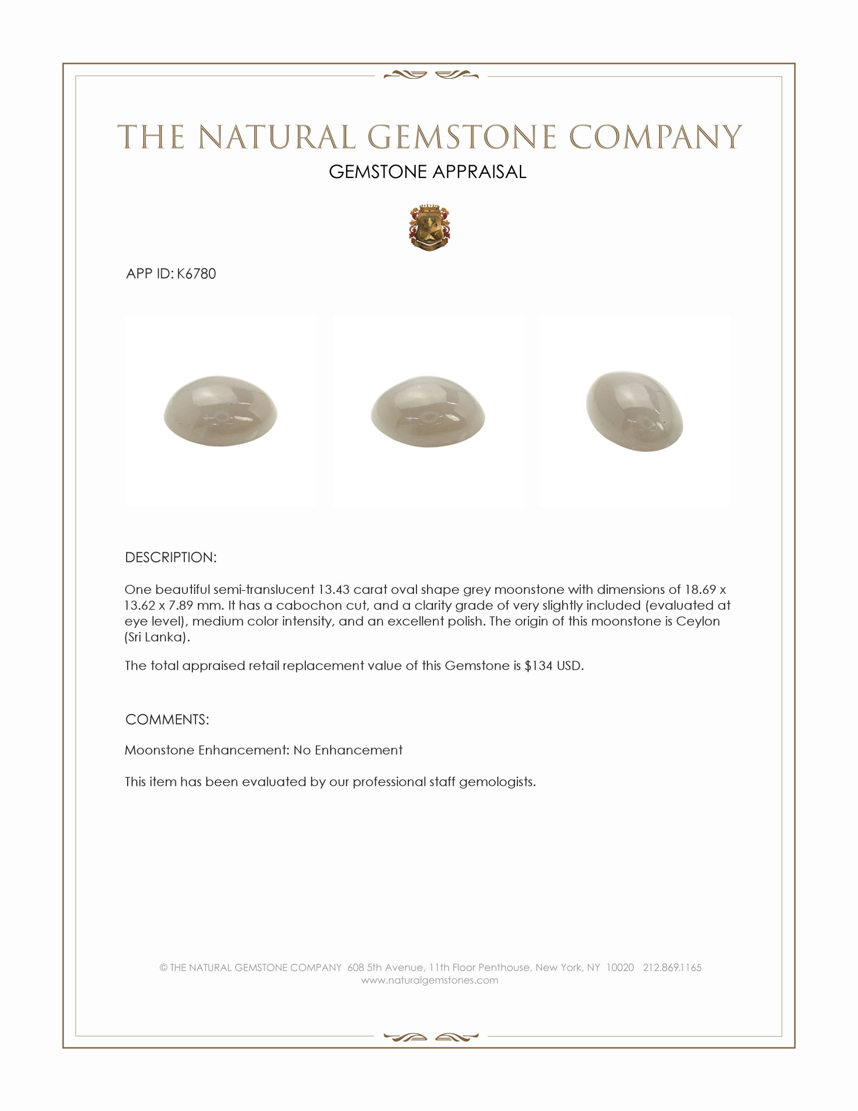 13.43 Ct. Cabochon Moonstone from Ceylon (Sri Lanka)