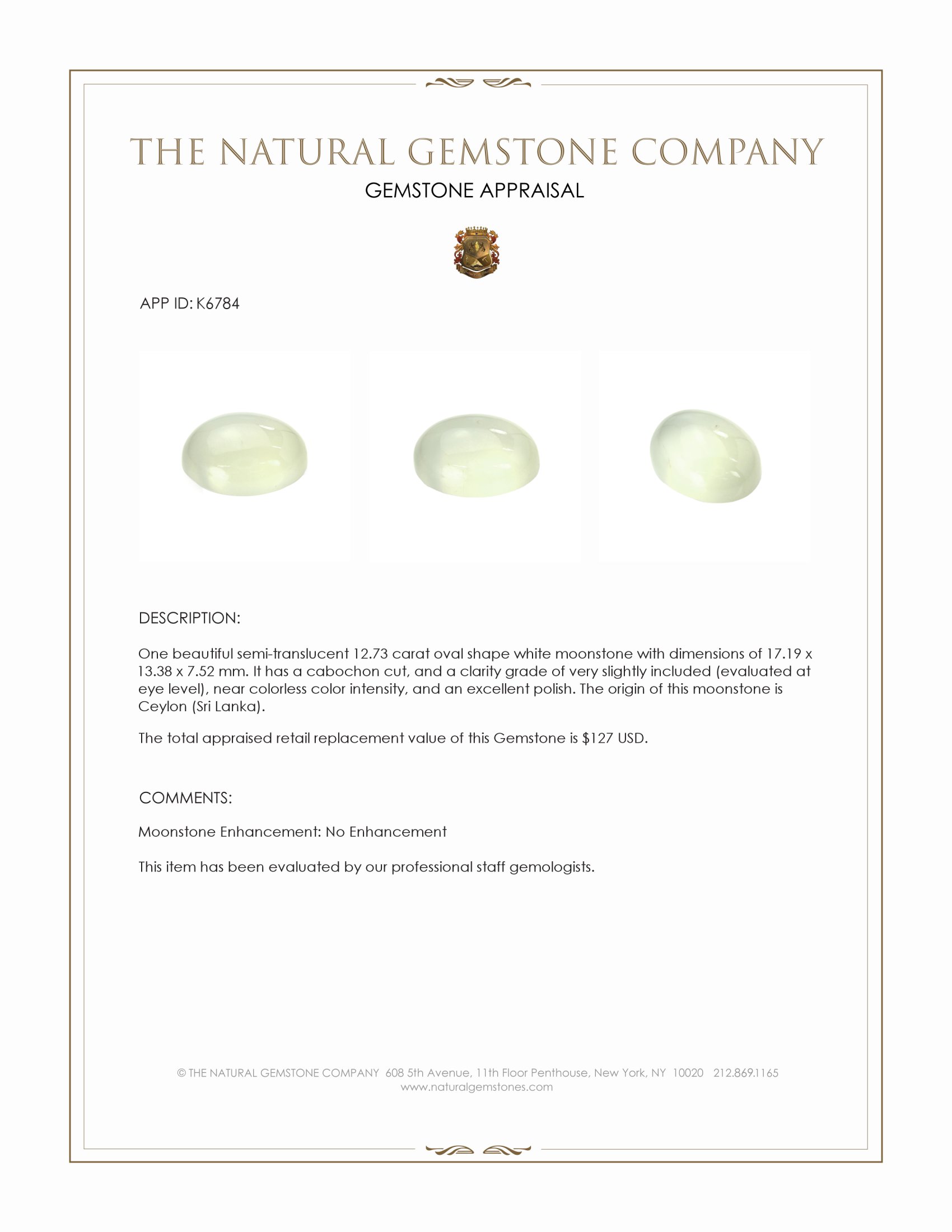 12.73 Ct. Cabochon Moonstone from Ceylon (Sri Lanka)