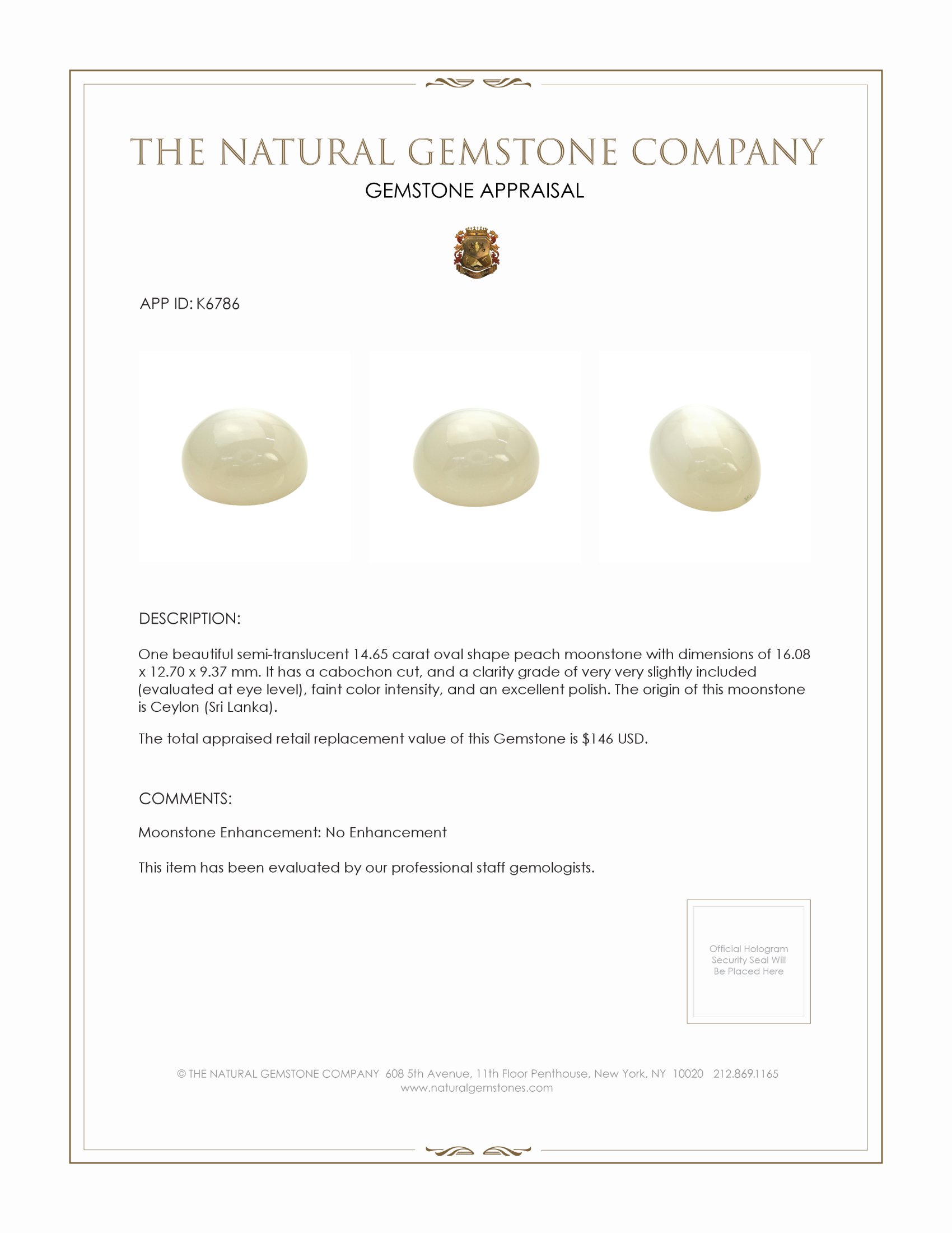 14.65 Ct. White Cabochon Moonstone from Ceylon (Sri Lanka)