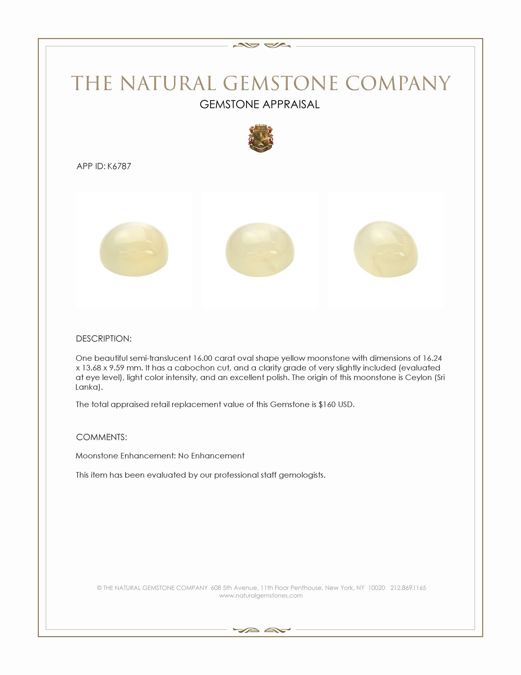 16.00 Ct. Yellow Cabochon Moonstone from Ceylon (Sri Lanka)