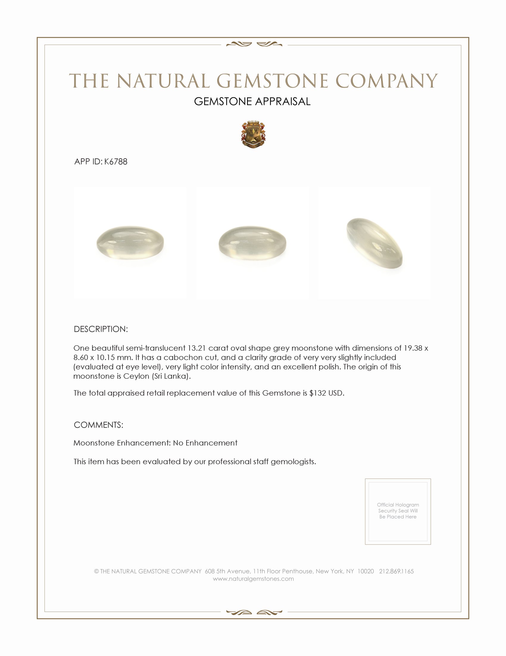 13.21 Ct. Cabochon Moonstone from Ceylon (Sri Lanka)