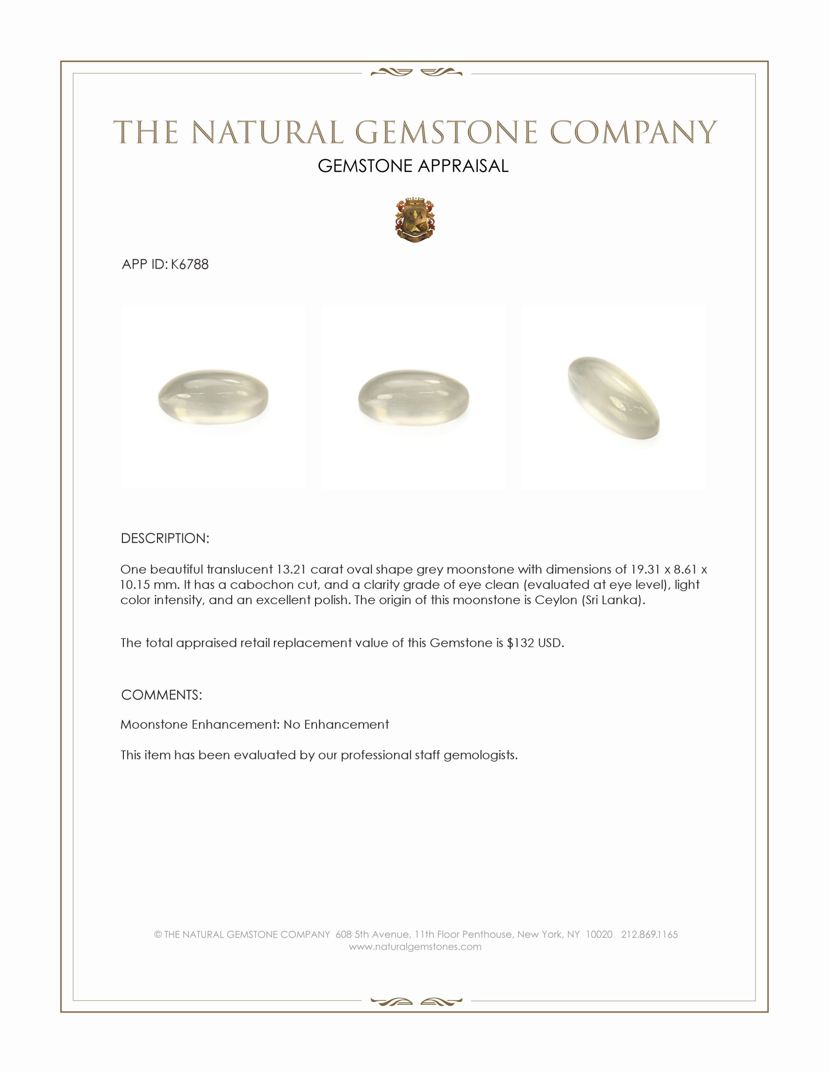 13.21 Ct. Cabochon Moonstone from Ceylon (Sri Lanka)