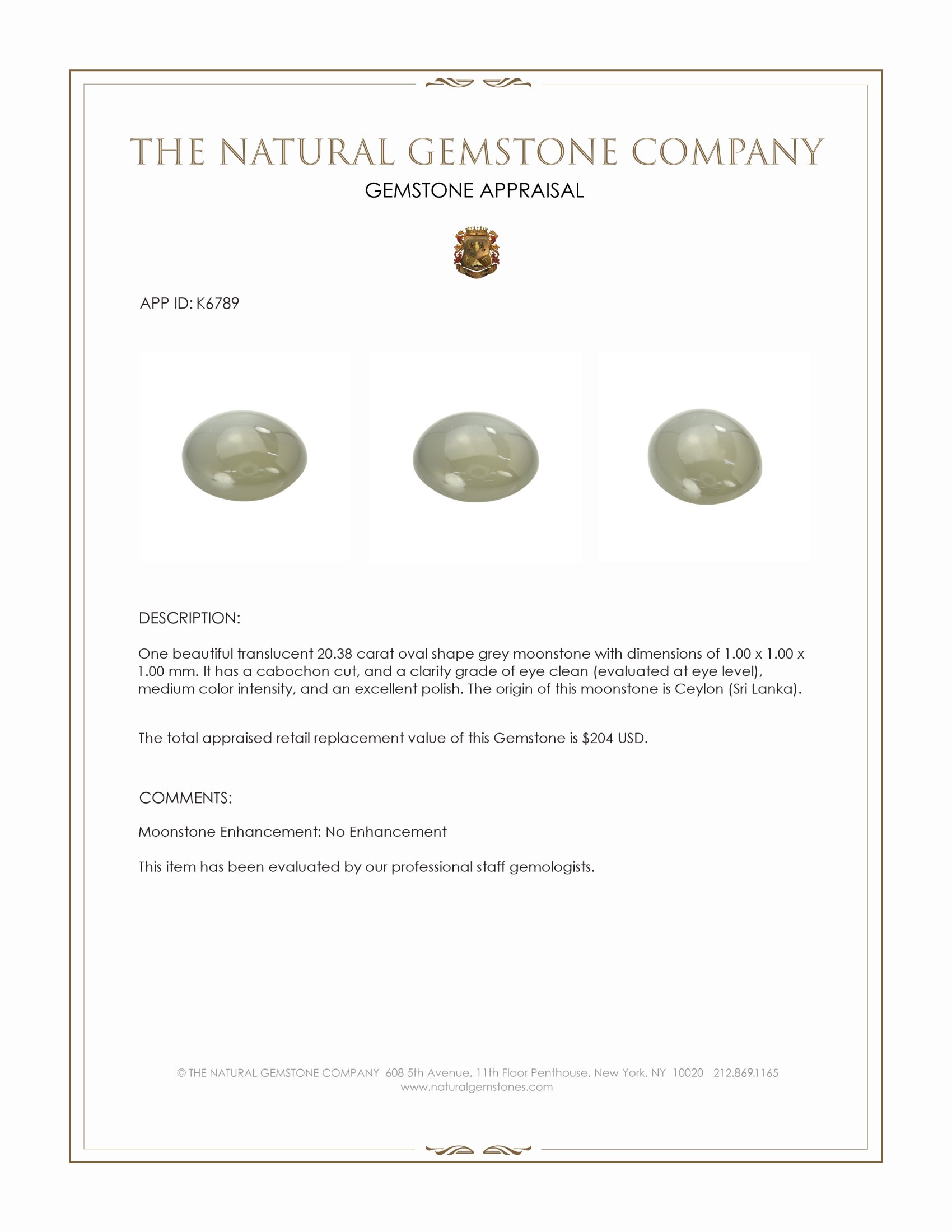 20.38 Ct. Grey Cabochon Moonstone from Ceylon (Sri Lanka)