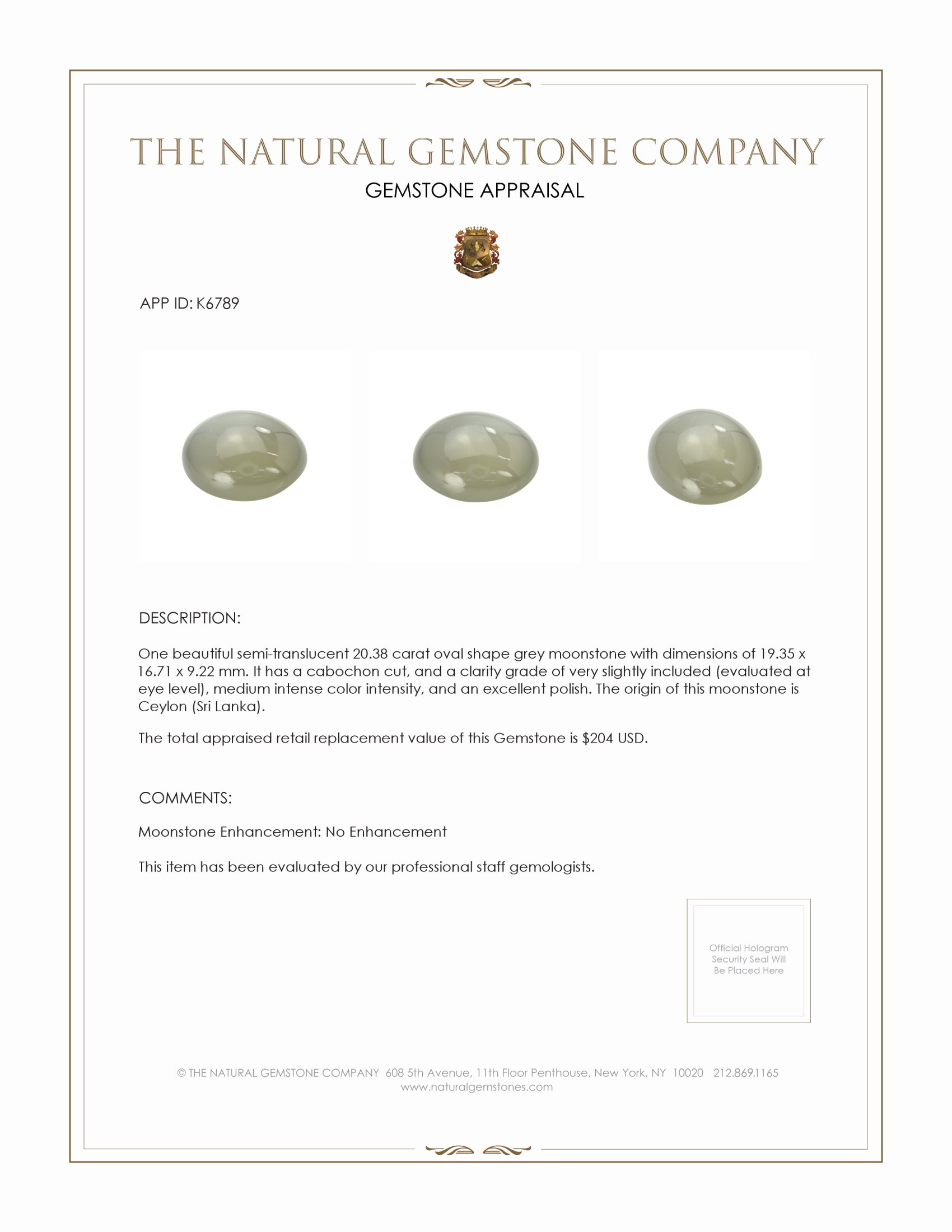 20.38 Ct. Cabochon Moonstone from Ceylon (Sri Lanka)