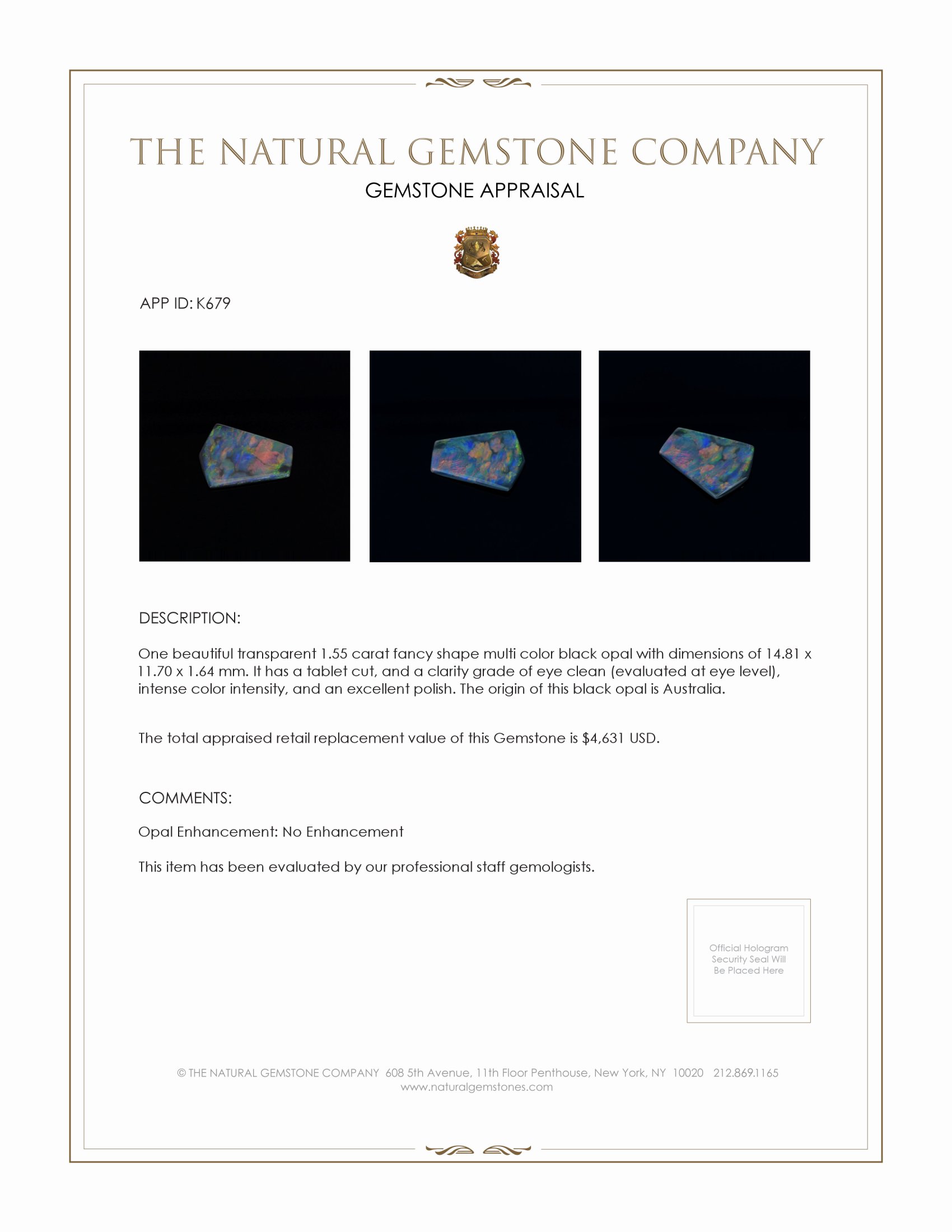 1.55 Ct. Black Opal from Australia