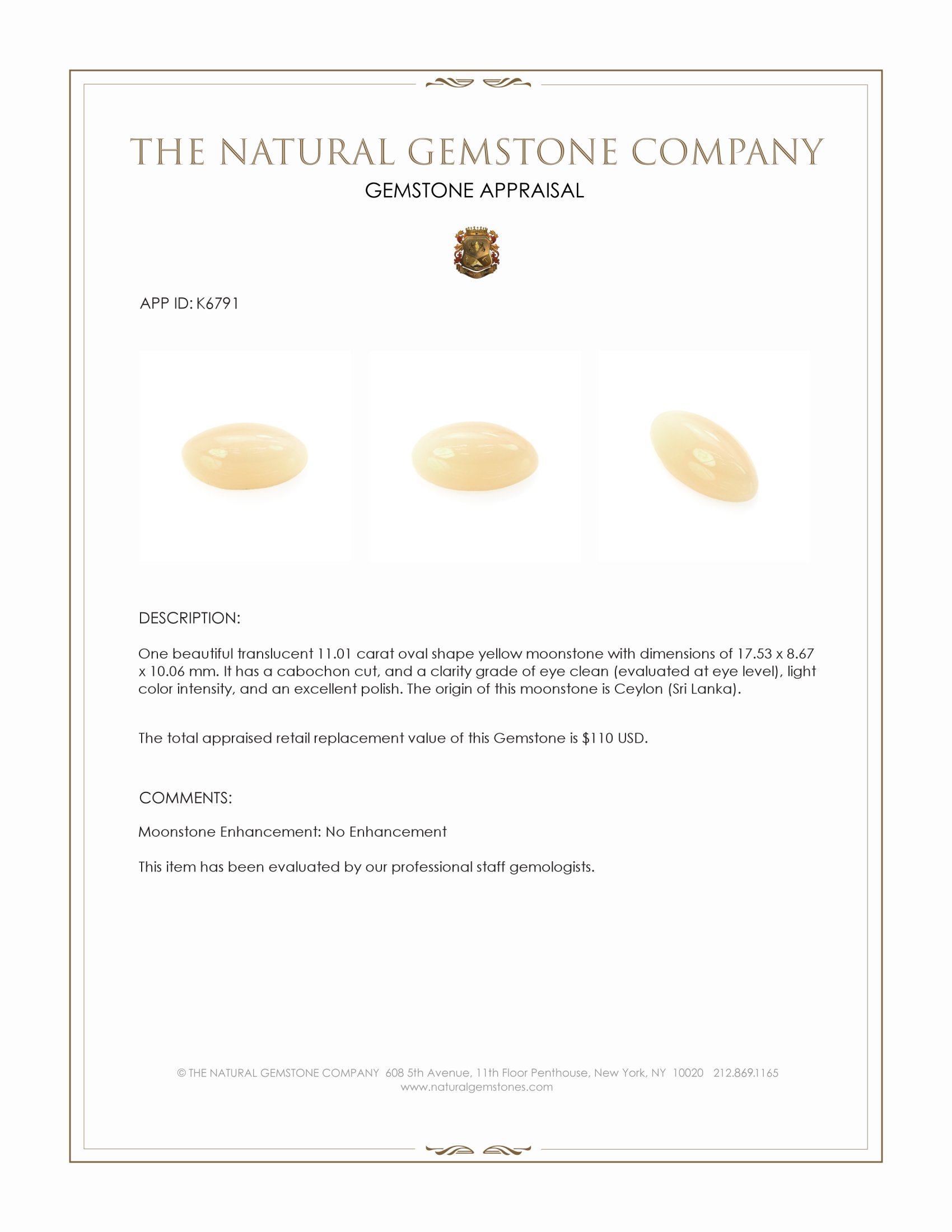 11.01 Ct. Yellow Cabochon Moonstone from Ceylon (Sri Lanka)