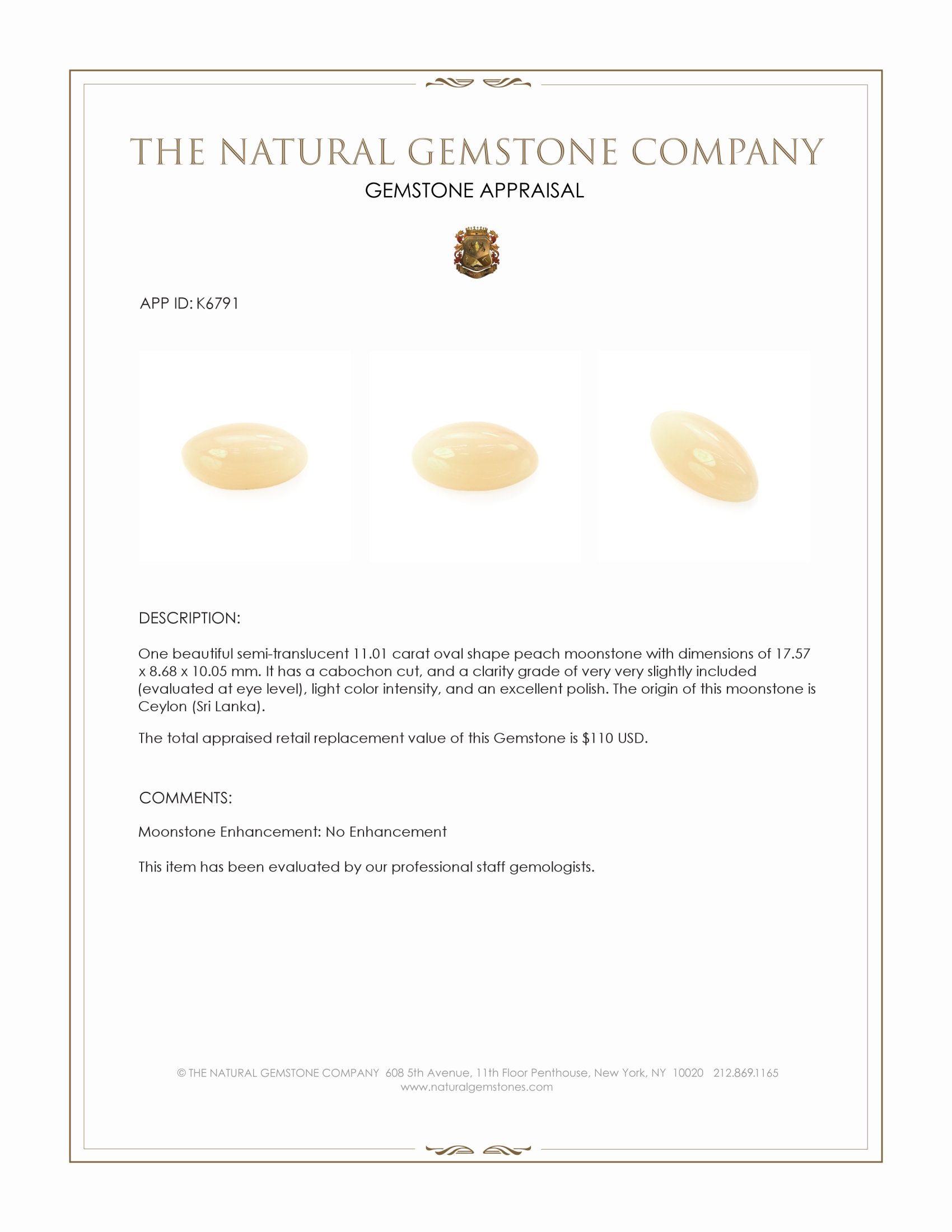 11.01 Ct. Cabochon Moonstone from Ceylon (Sri Lanka)