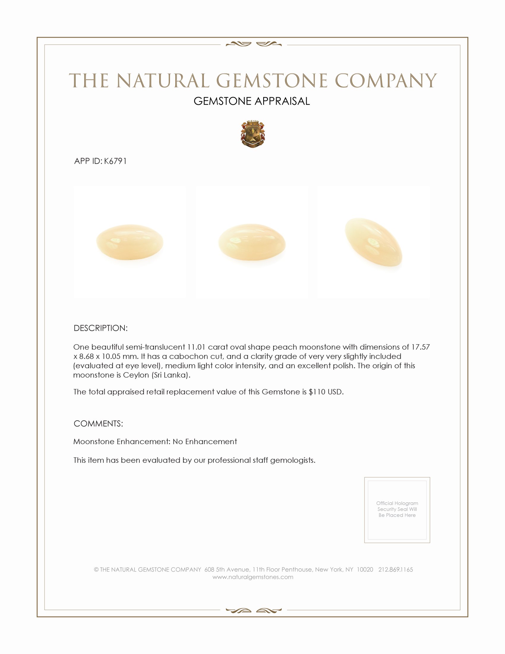 11.01 Ct. Cabochon Moonstone from Ceylon (Sri Lanka)