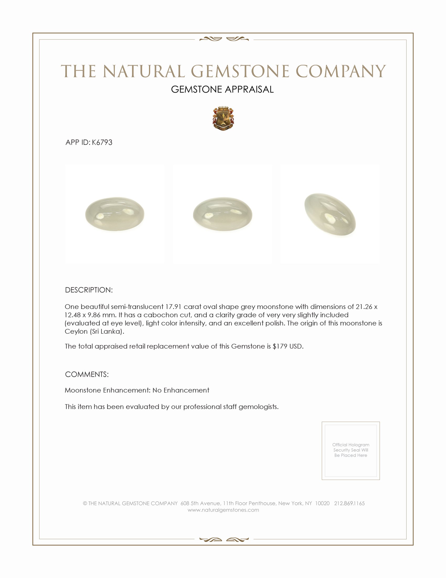 17.91 Ct. Cabochon Moonstone from Ceylon (Sri Lanka)