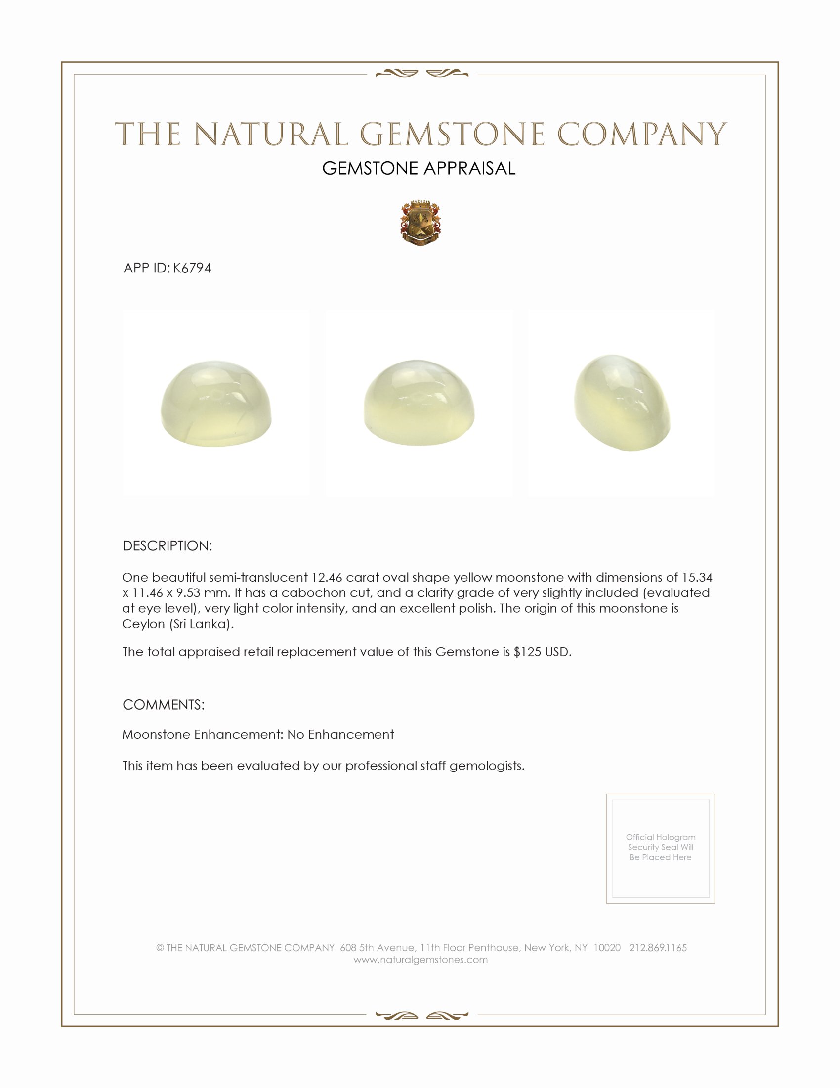 12.46 Ct. Cabochon Moonstone from Ceylon (Sri Lanka)